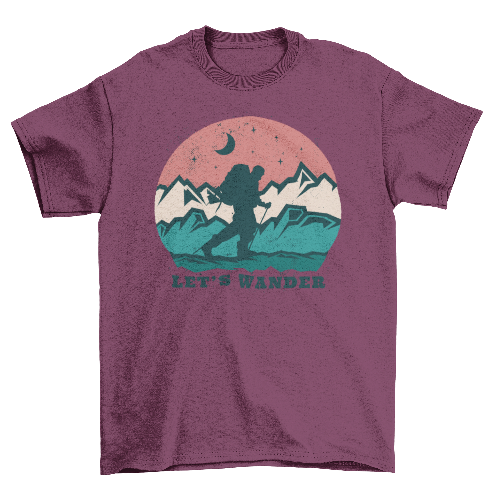 Adventure Wander Mountain T-Shirt featuring a trekking design and the quote 'Let's wander'.