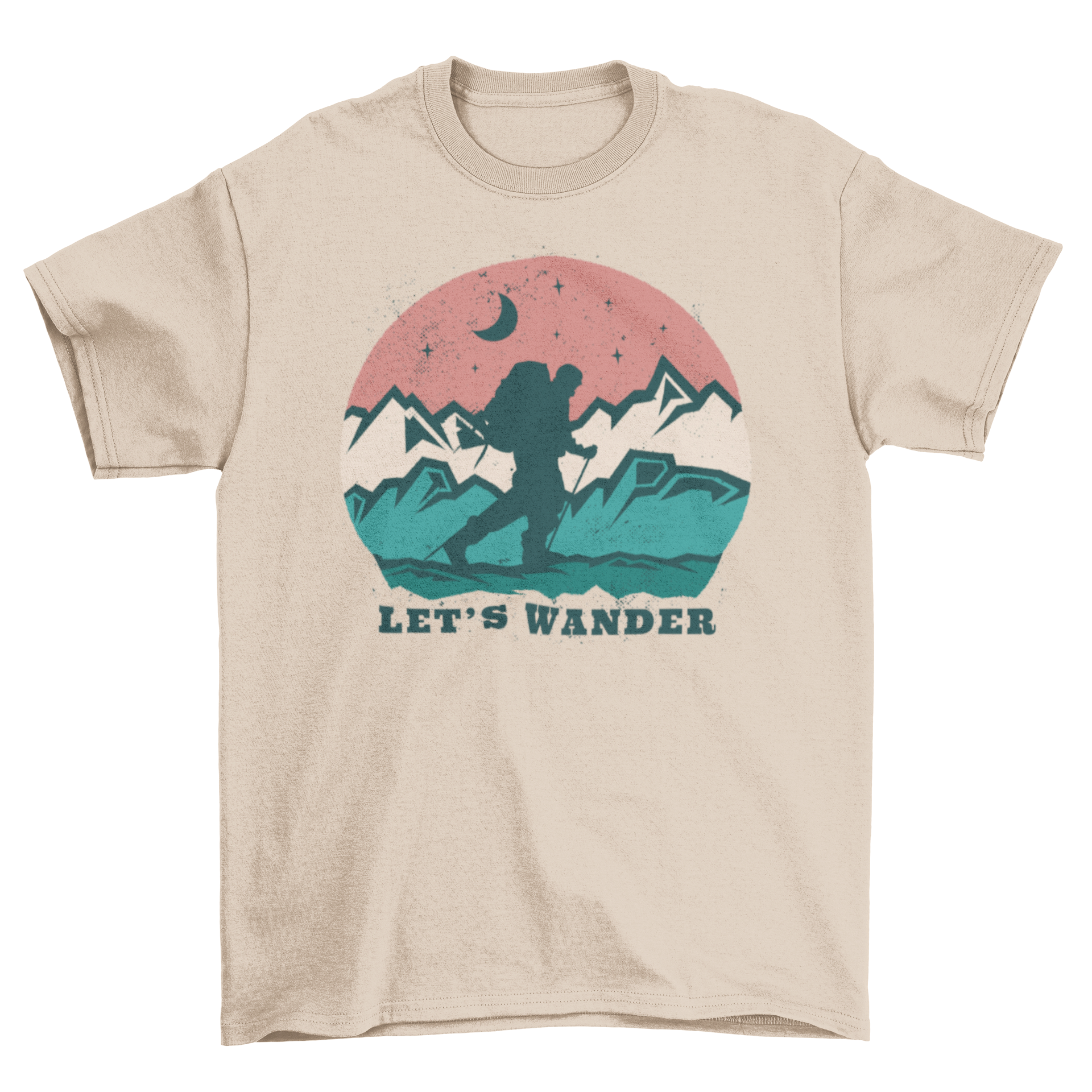 Adventure Wander Mountain T-Shirt featuring a trekking design and the quote 'Let's wander'.