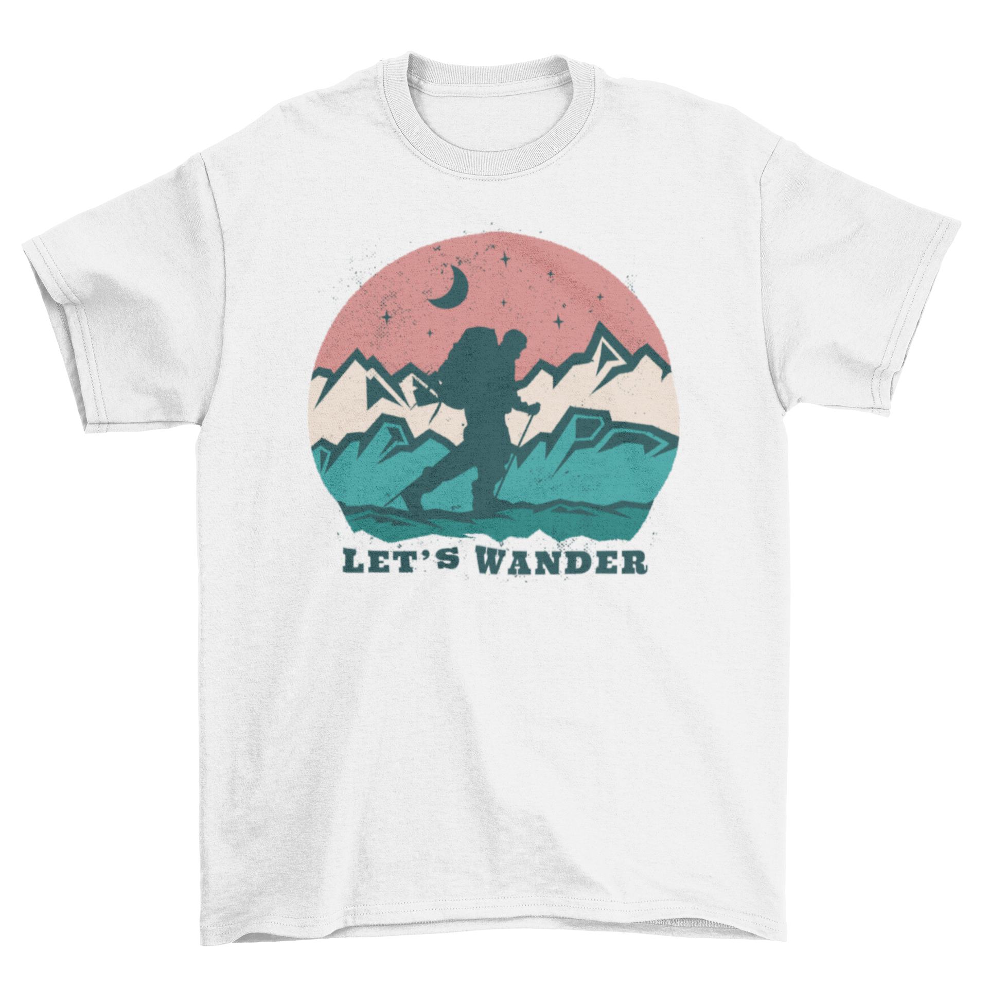 Adventure Wander Mountain T-Shirt featuring a trekking design and the quote 'Let's wander'.