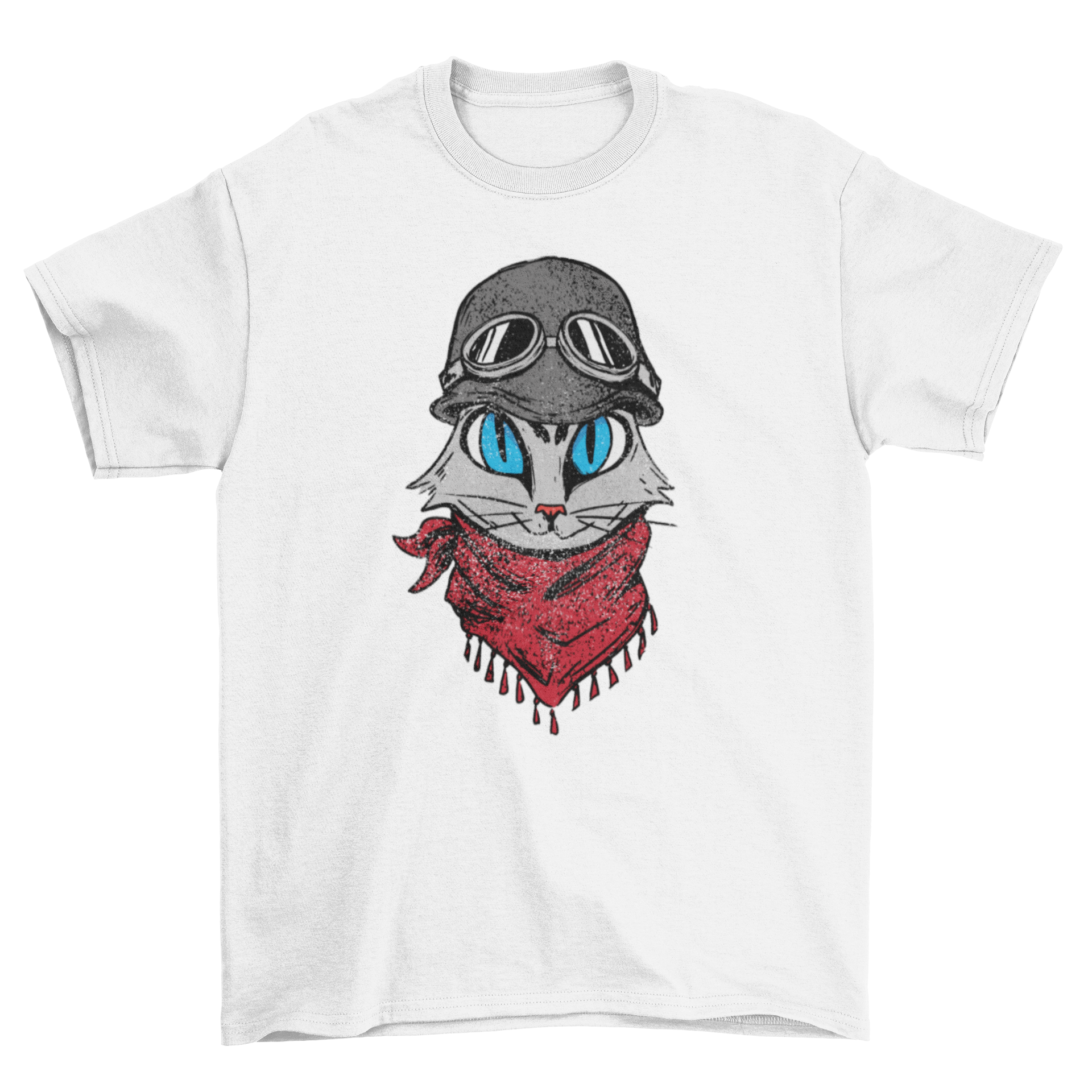 A stylish t-shirt featuring a cool biker cat design, perfect for cat lovers and adventure enthusiasts.