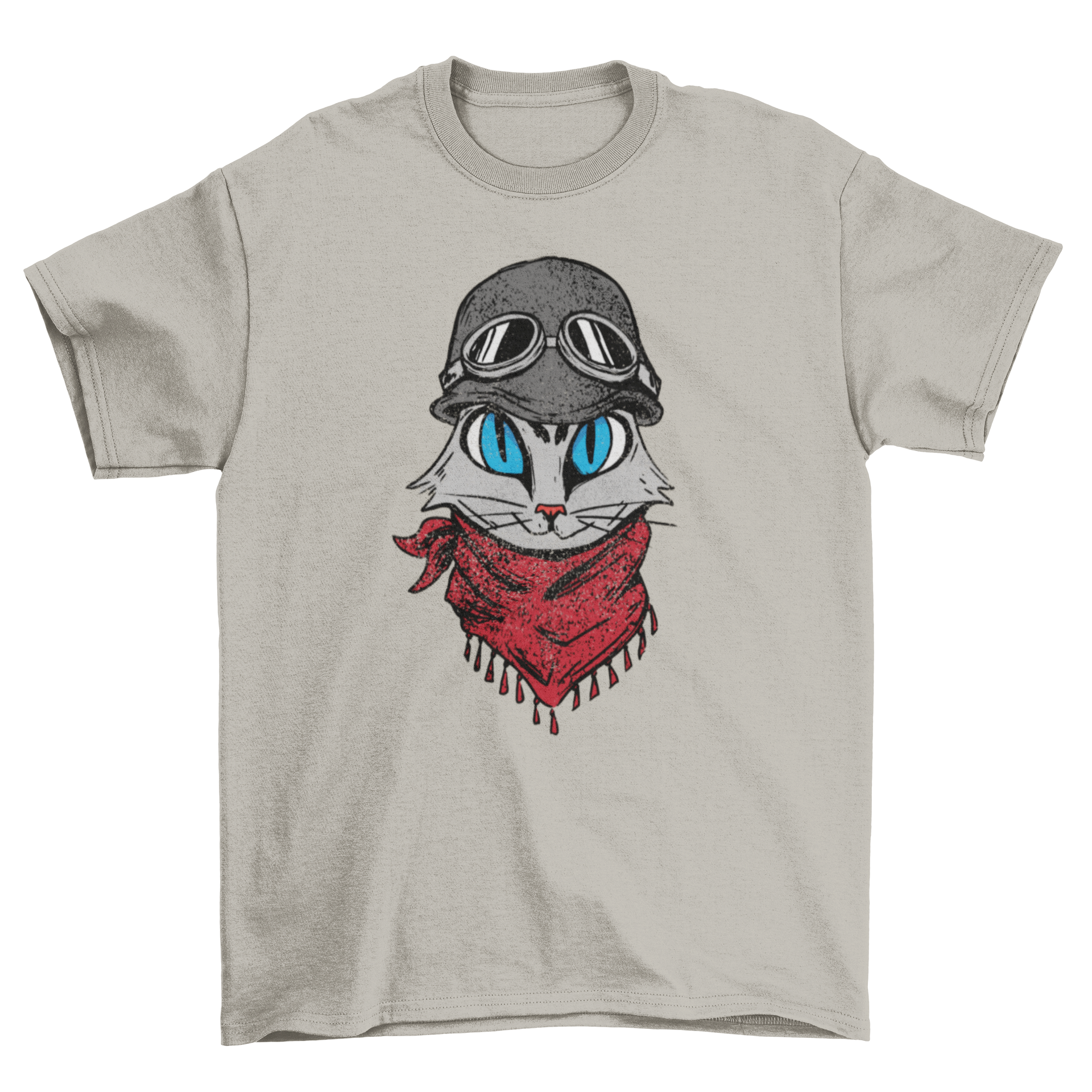 A stylish t-shirt featuring a cool biker cat design, perfect for cat lovers and adventure enthusiasts.