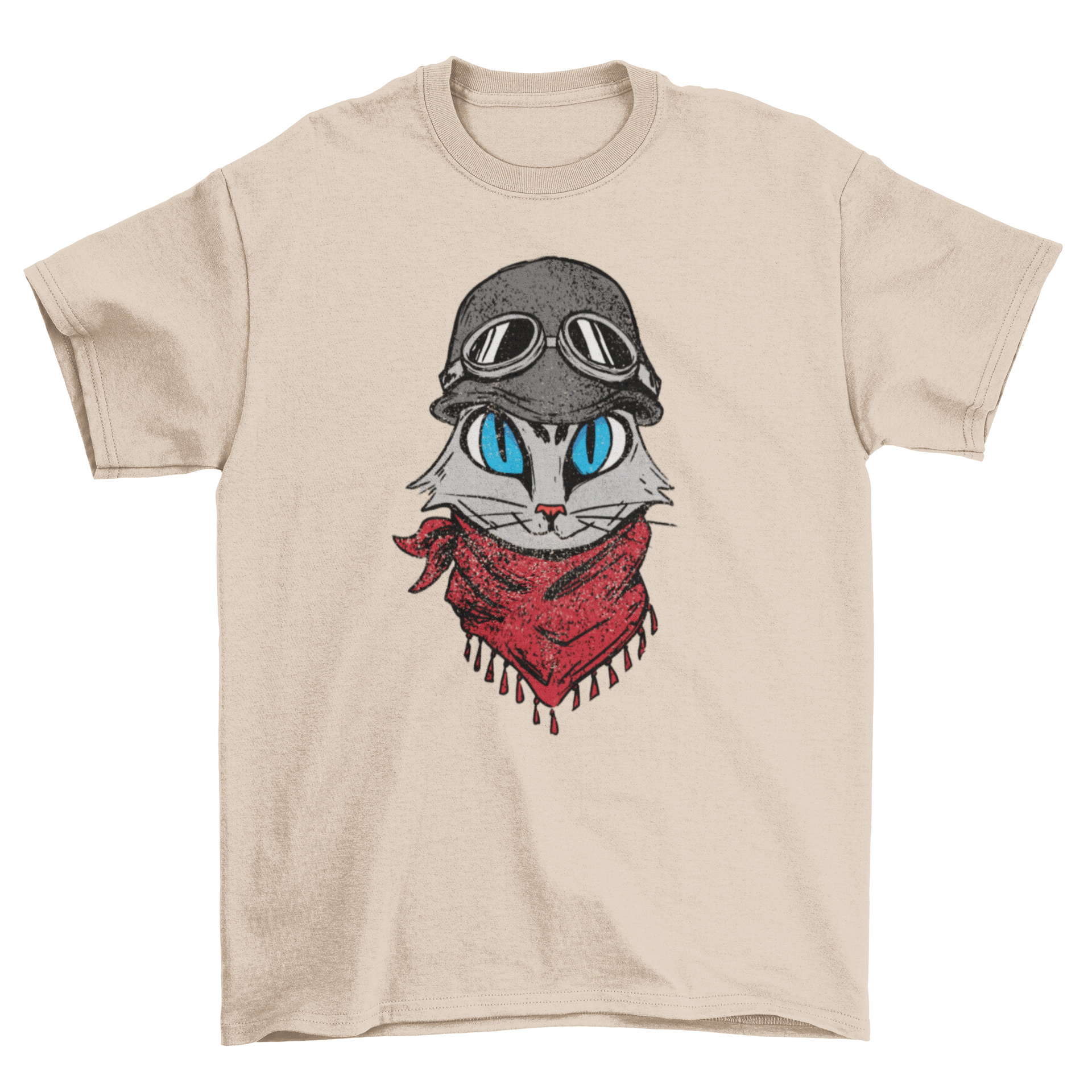 A stylish t-shirt featuring a cool biker cat design, perfect for cat lovers and adventure enthusiasts.