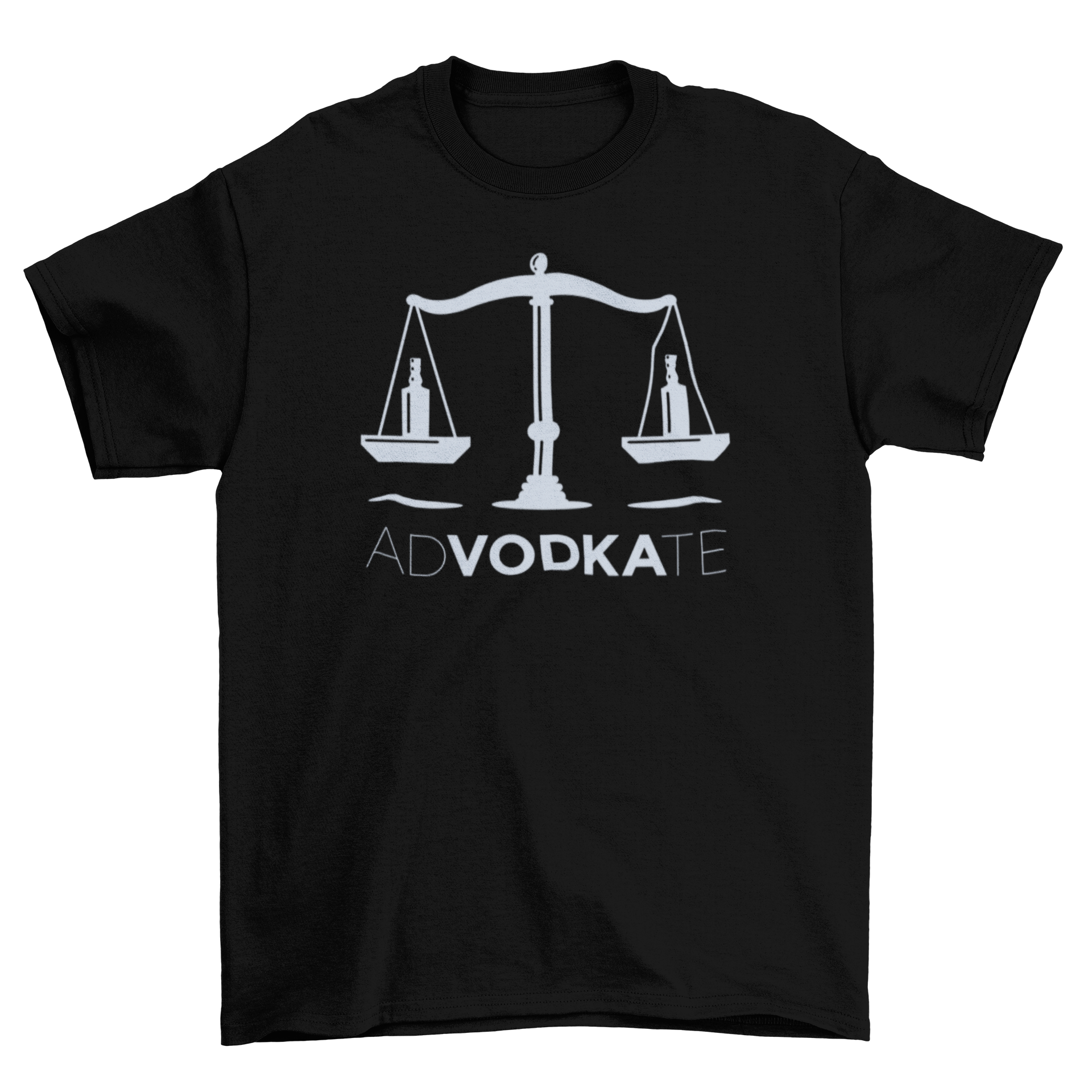 Advodkate t-shirt featuring a scale with vodka bottles and the quote 'Advodkate', designed for casual wear.