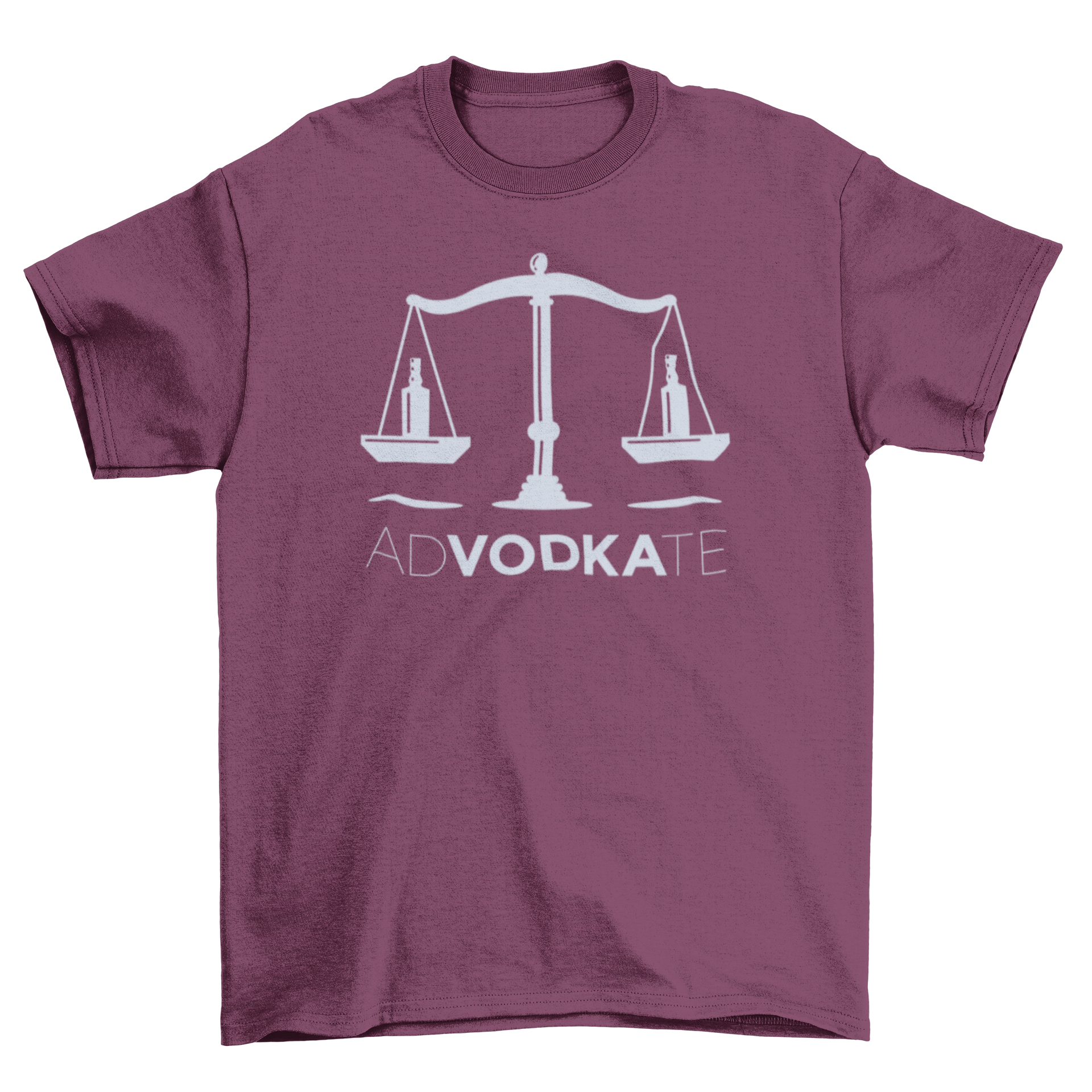 Advodkate t-shirt featuring a scale with vodka bottles and the quote 'Advodkate', designed for casual wear.