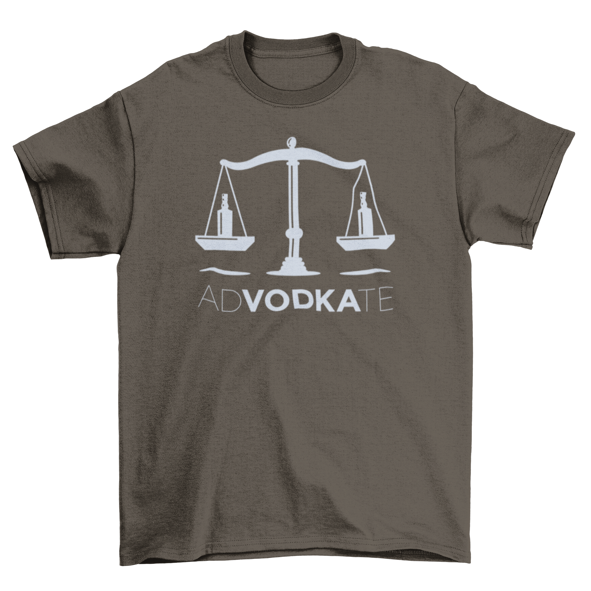 Advodkate t-shirt featuring a scale with vodka bottles and the quote 'Advodkate', designed for casual wear.