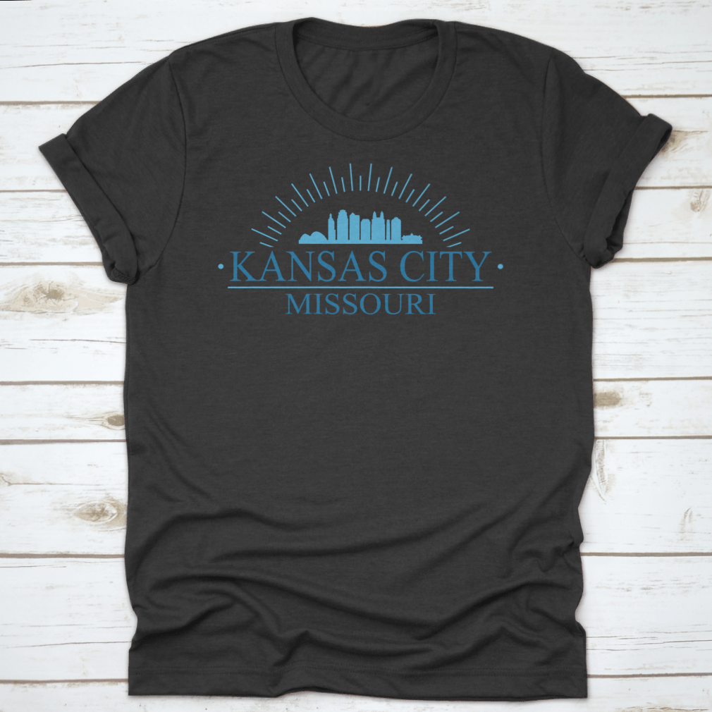 Aesthetic skyline design of Kansas City, Missouri, featuring iconic buildings and a stylish layout on a comfortable cotton garment.