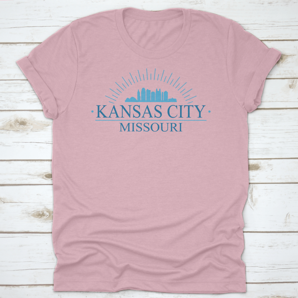 Aesthetic skyline design of Kansas City, Missouri, featuring iconic buildings and a stylish layout on a comfortable cotton garment.