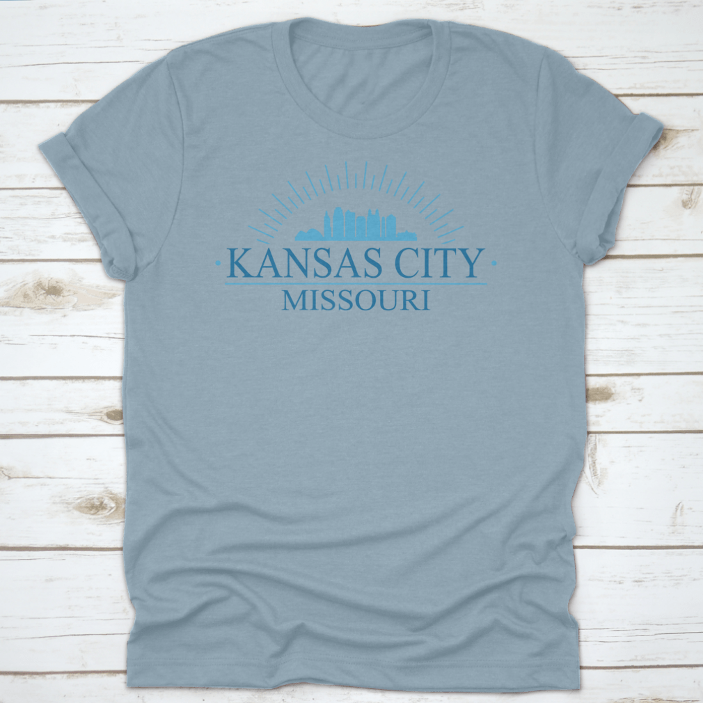 Aesthetic skyline design of Kansas City, Missouri, featuring iconic buildings and a stylish layout on a comfortable cotton garment.