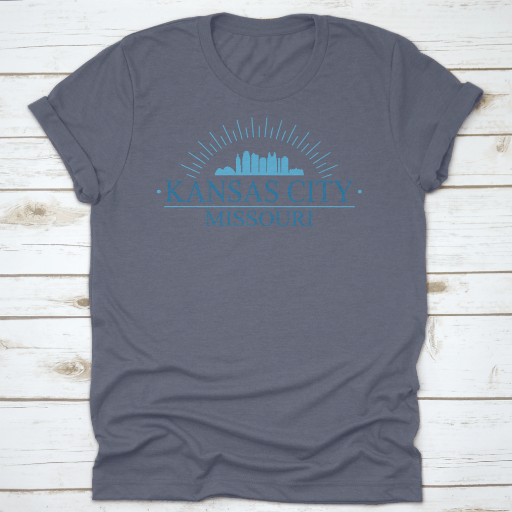 Aesthetic skyline design of Kansas City, Missouri, featuring iconic buildings and a stylish layout on a comfortable cotton garment.