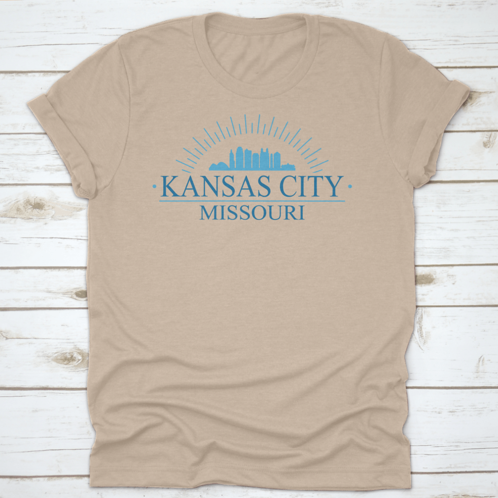 Aesthetic skyline design of Kansas City, Missouri, featuring iconic buildings and a stylish layout on a comfortable cotton garment.