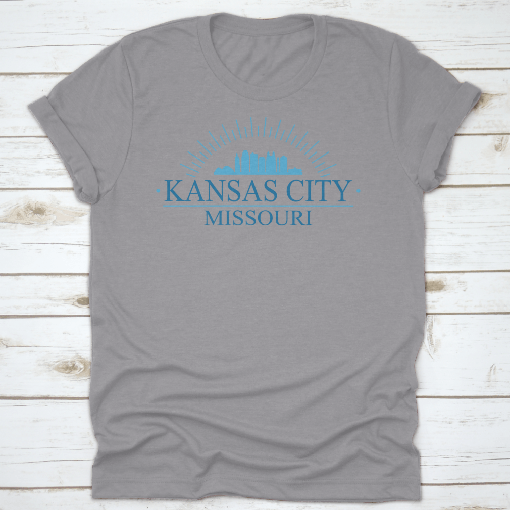 Aesthetic skyline design of Kansas City, Missouri, featuring iconic buildings and a stylish layout on a comfortable cotton garment.