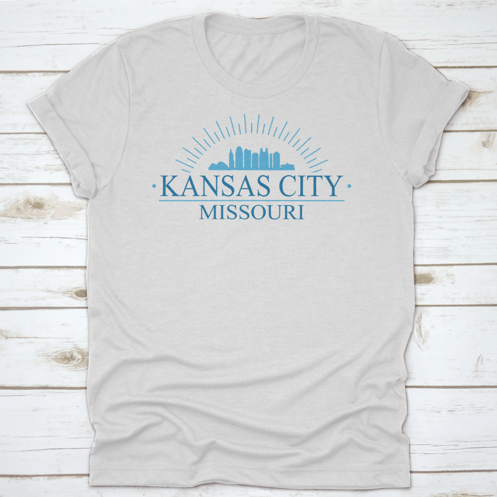 Aesthetic skyline design of Kansas City, Missouri, featuring iconic buildings and a stylish layout on a comfortable cotton garment.