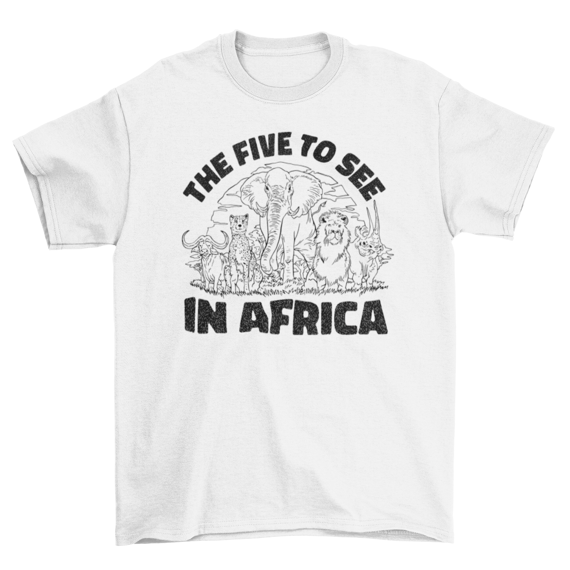 A stylish t-shirt featuring hand-drawn illustrations of African safari animals like elephants, lions, and giraffes.