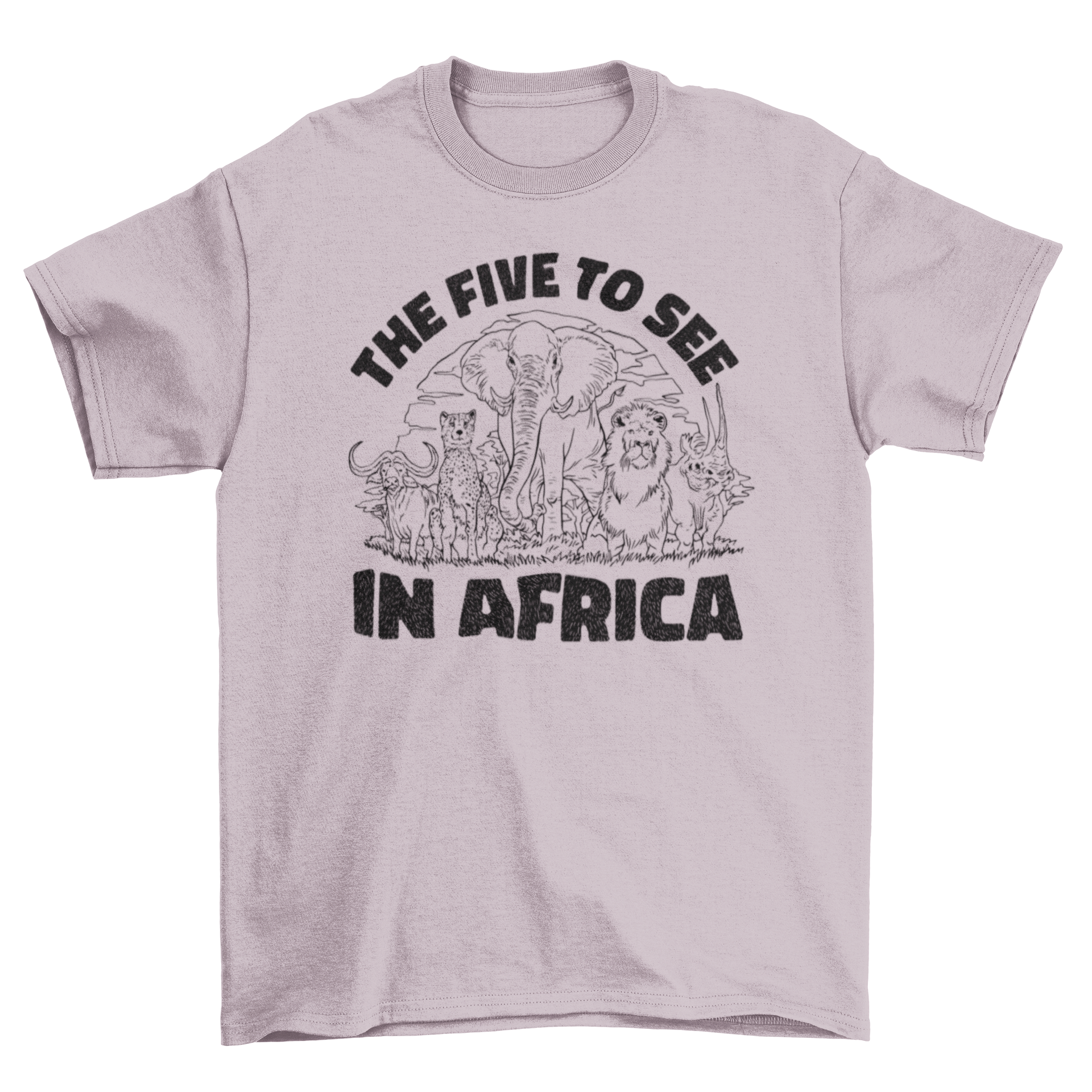 A stylish t-shirt featuring hand-drawn illustrations of African safari animals like elephants, lions, and giraffes.