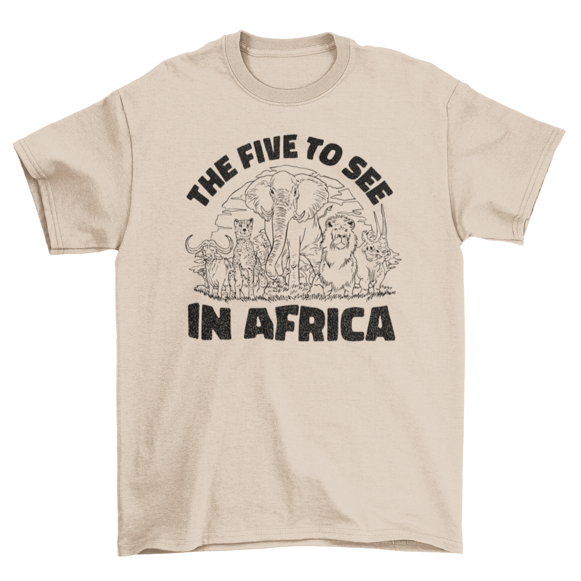 A stylish t-shirt featuring hand-drawn illustrations of African safari animals like elephants, lions, and giraffes.