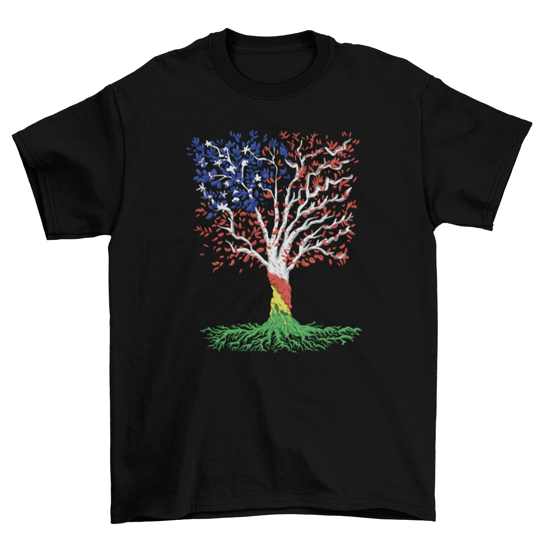 A stylish t-shirt featuring a tree design with the colors of the African and American flags, symbolizing unity and cultural pride.