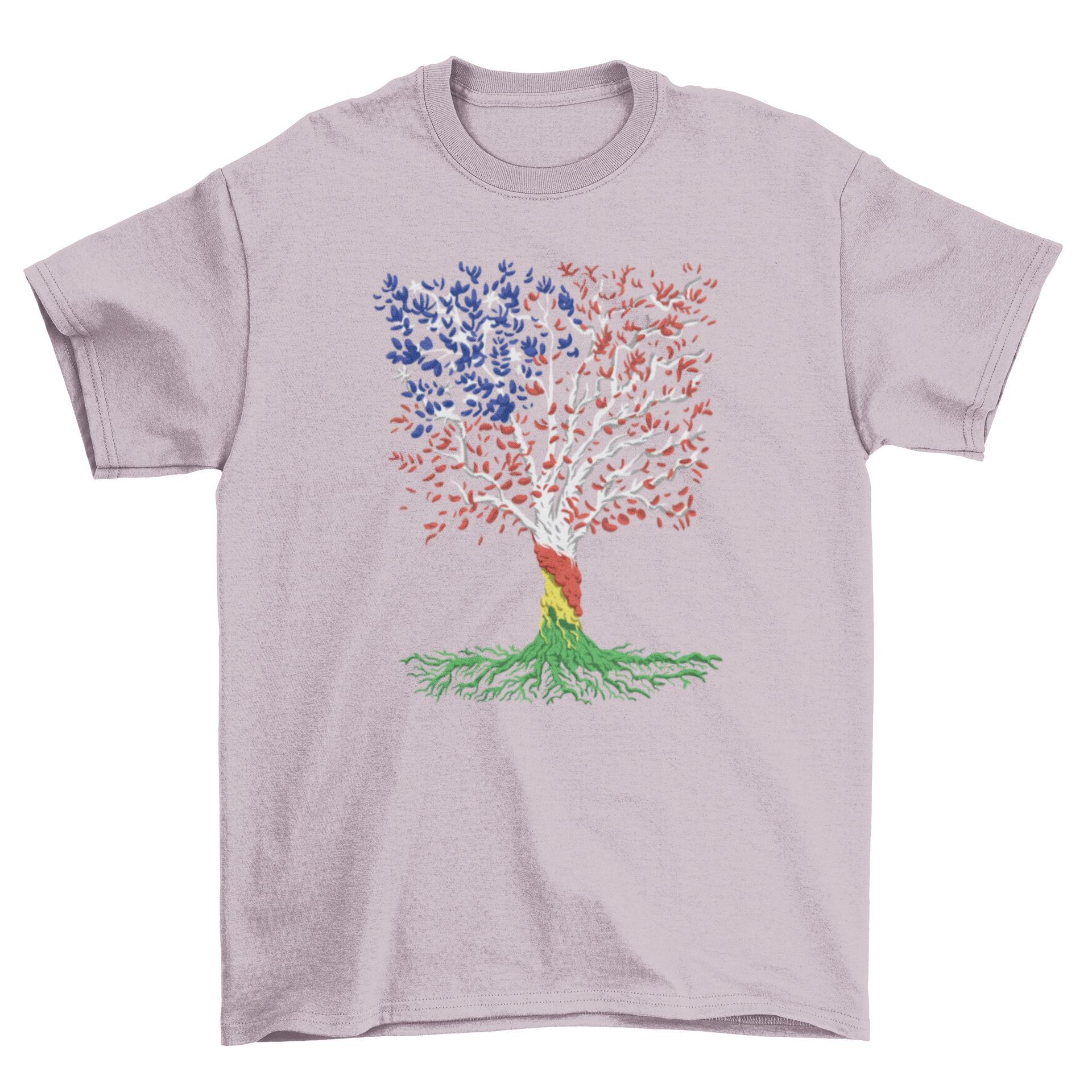 A stylish t-shirt featuring a tree design with the colors of the African and American flags, symbolizing unity and cultural pride.