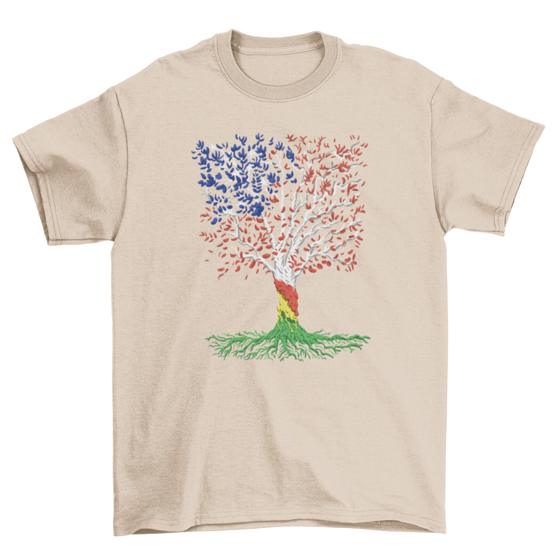 A stylish t-shirt featuring a tree design with the colors of the African and American flags, symbolizing unity and cultural pride.