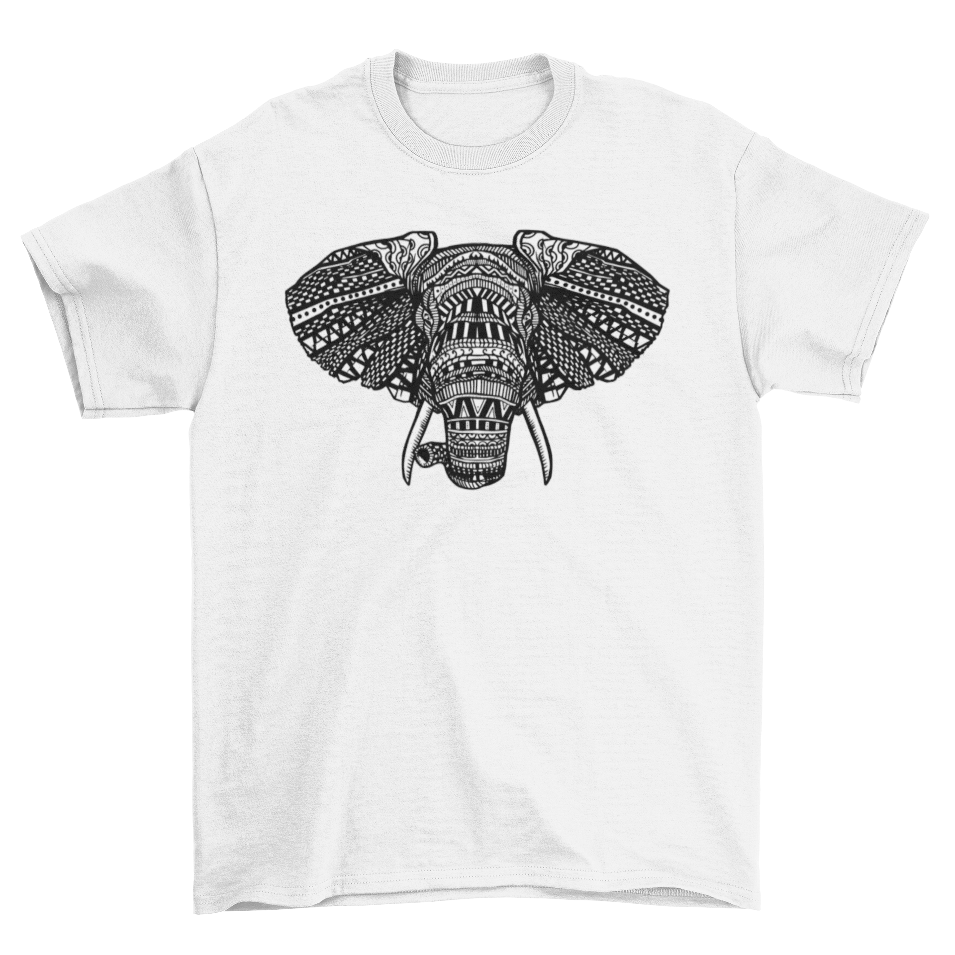 African Elephant Mandala T-shirt featuring a detailed elephant illustration in mandala style on a soft fabric.