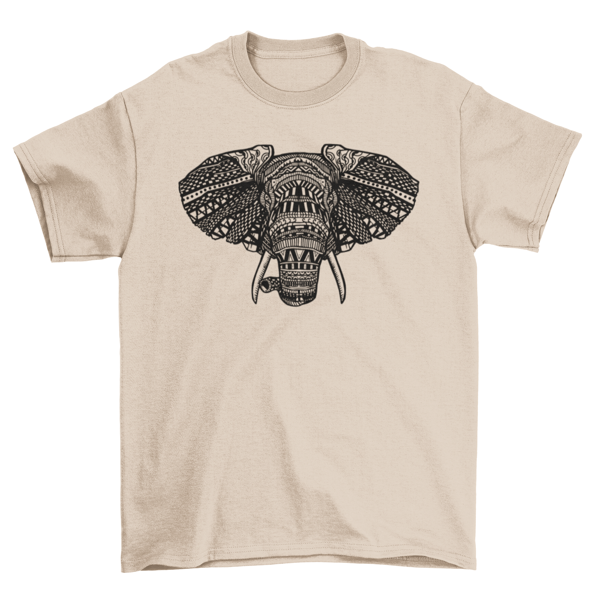 African Elephant Mandala T-shirt featuring a detailed elephant illustration in mandala style on a soft fabric.