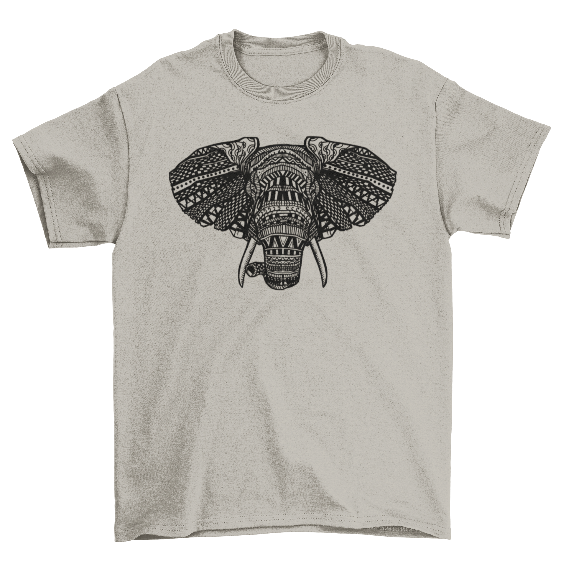 African Elephant Mandala T-shirt featuring a detailed elephant illustration in mandala style on a soft fabric.