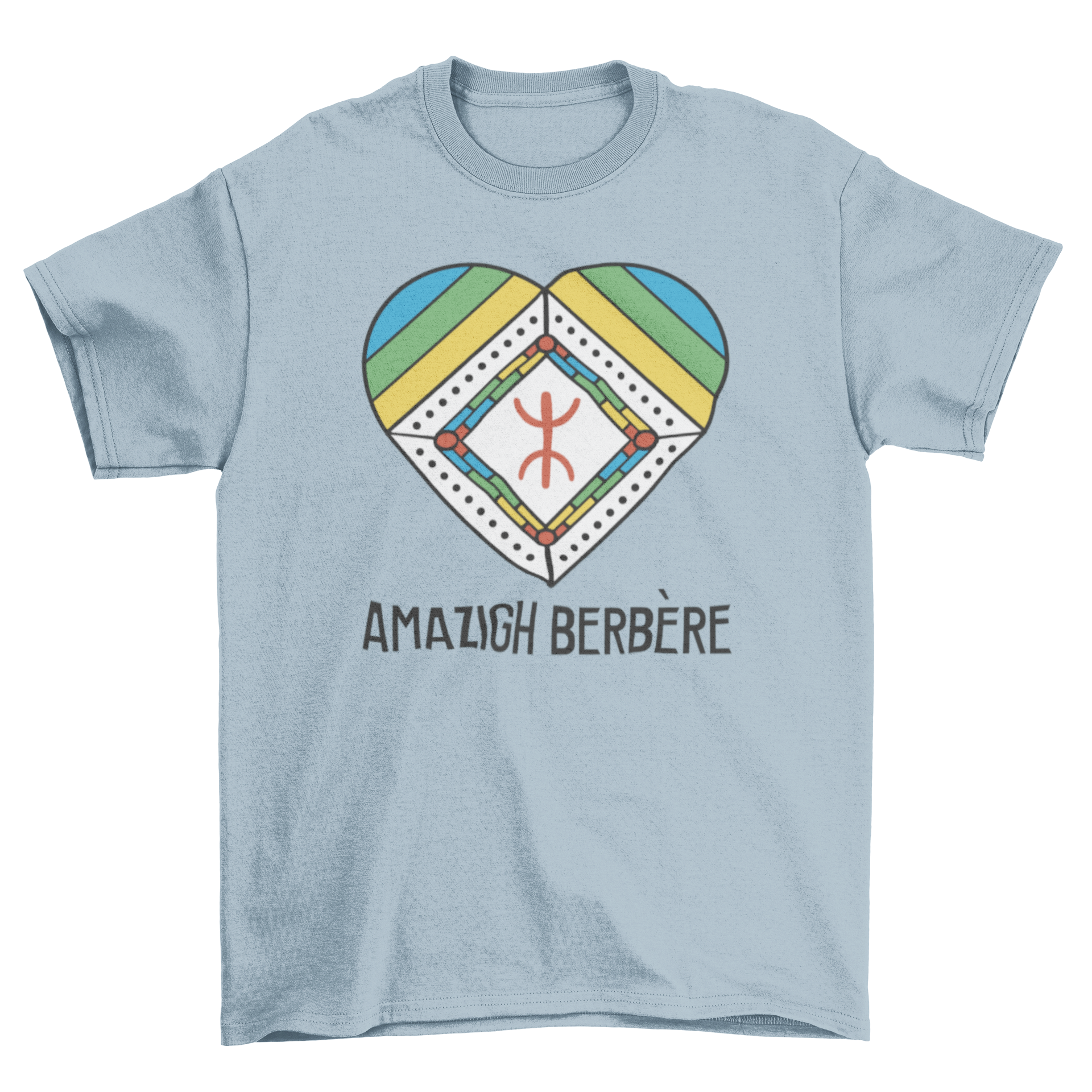 A stylish t-shirt featuring a heart design with an African symbol and the quote 'Amazigh berbere', showcasing cultural pride.