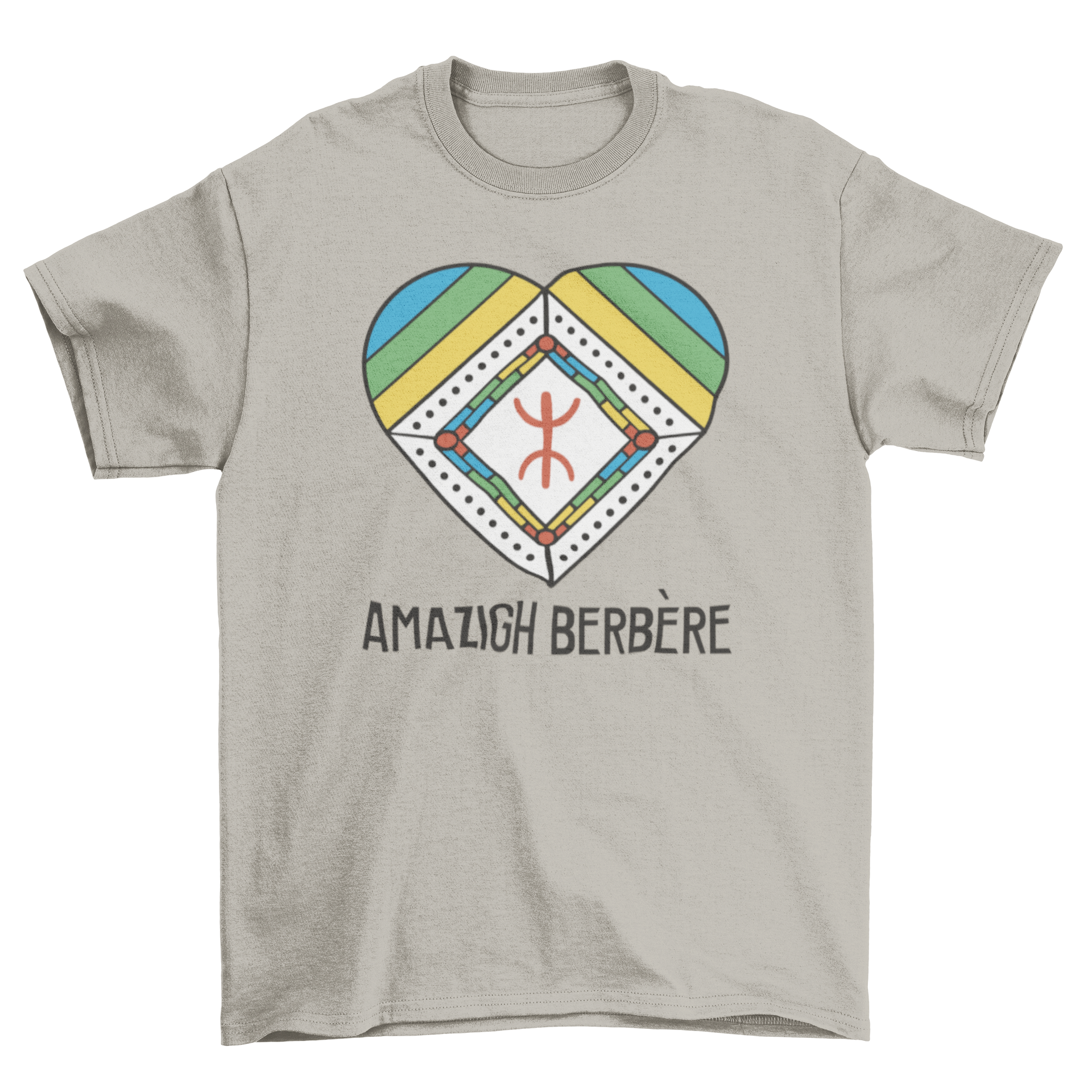 A stylish t-shirt featuring a heart design with an African symbol and the quote 'Amazigh berbere', showcasing cultural pride.