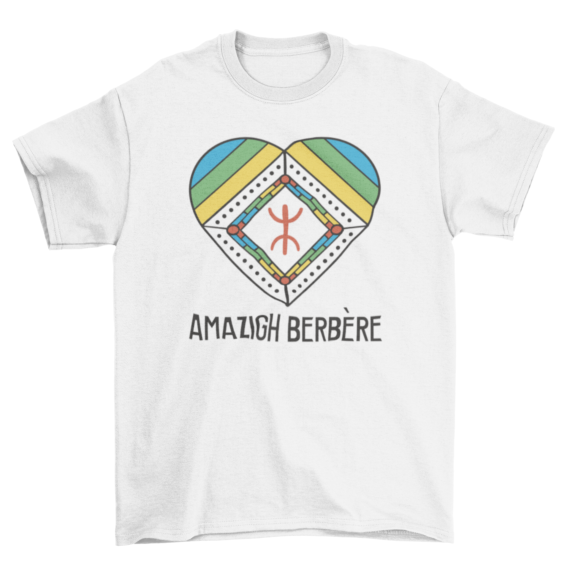 A stylish t-shirt featuring a heart design with an African symbol and the quote 'Amazigh berbere', showcasing cultural pride.