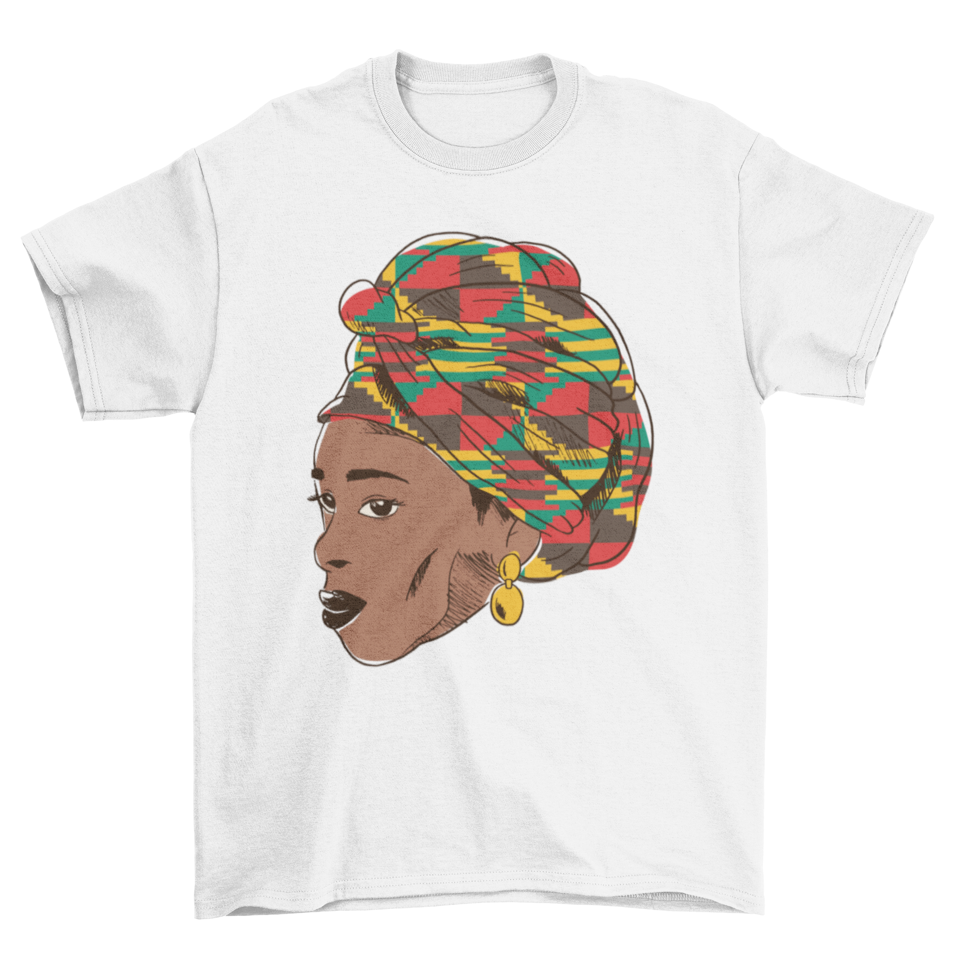 African Woman T-shirt featuring a colorful illustration of a black woman with a vibrant head tie.