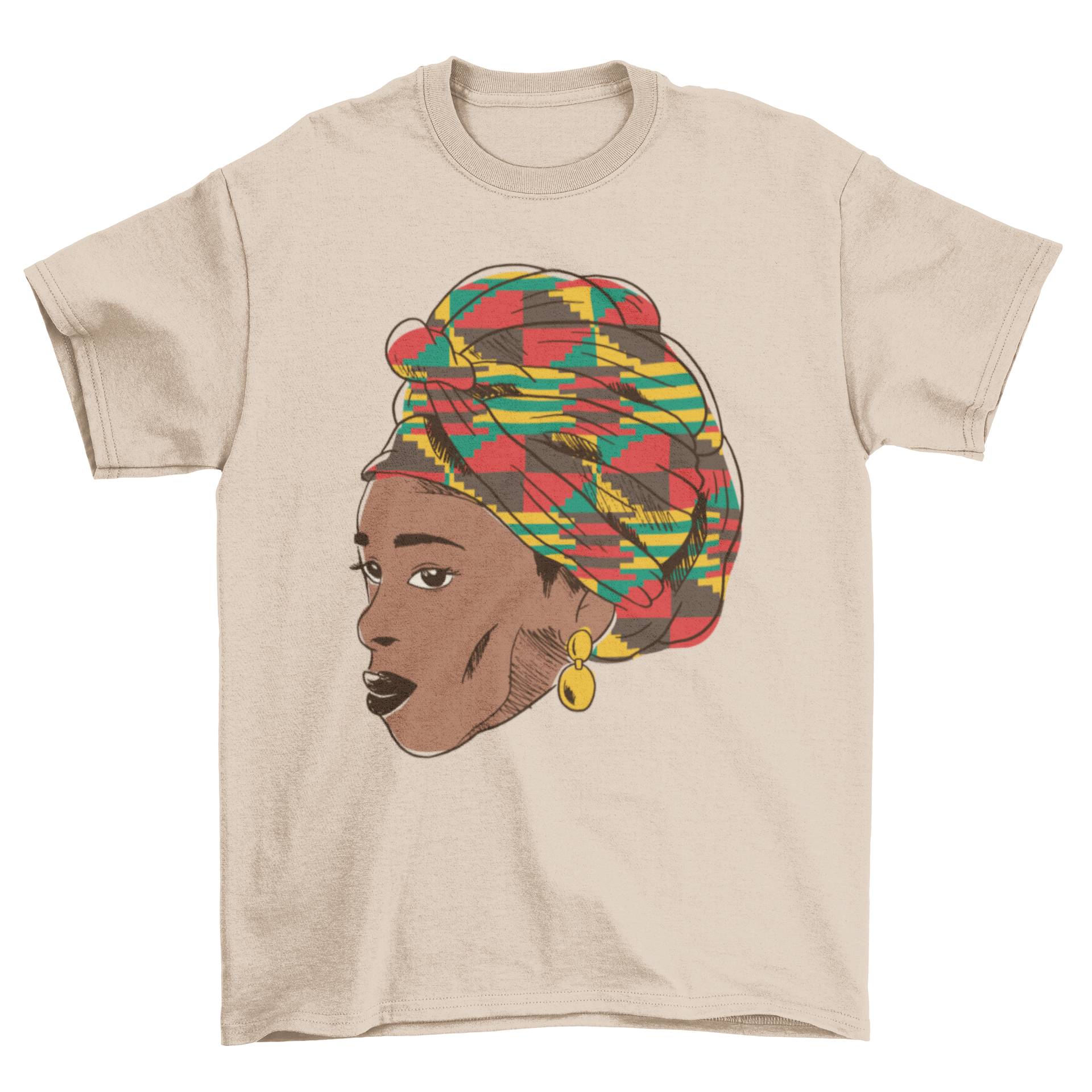 African Woman T-shirt featuring a colorful illustration of a black woman with a vibrant head tie.