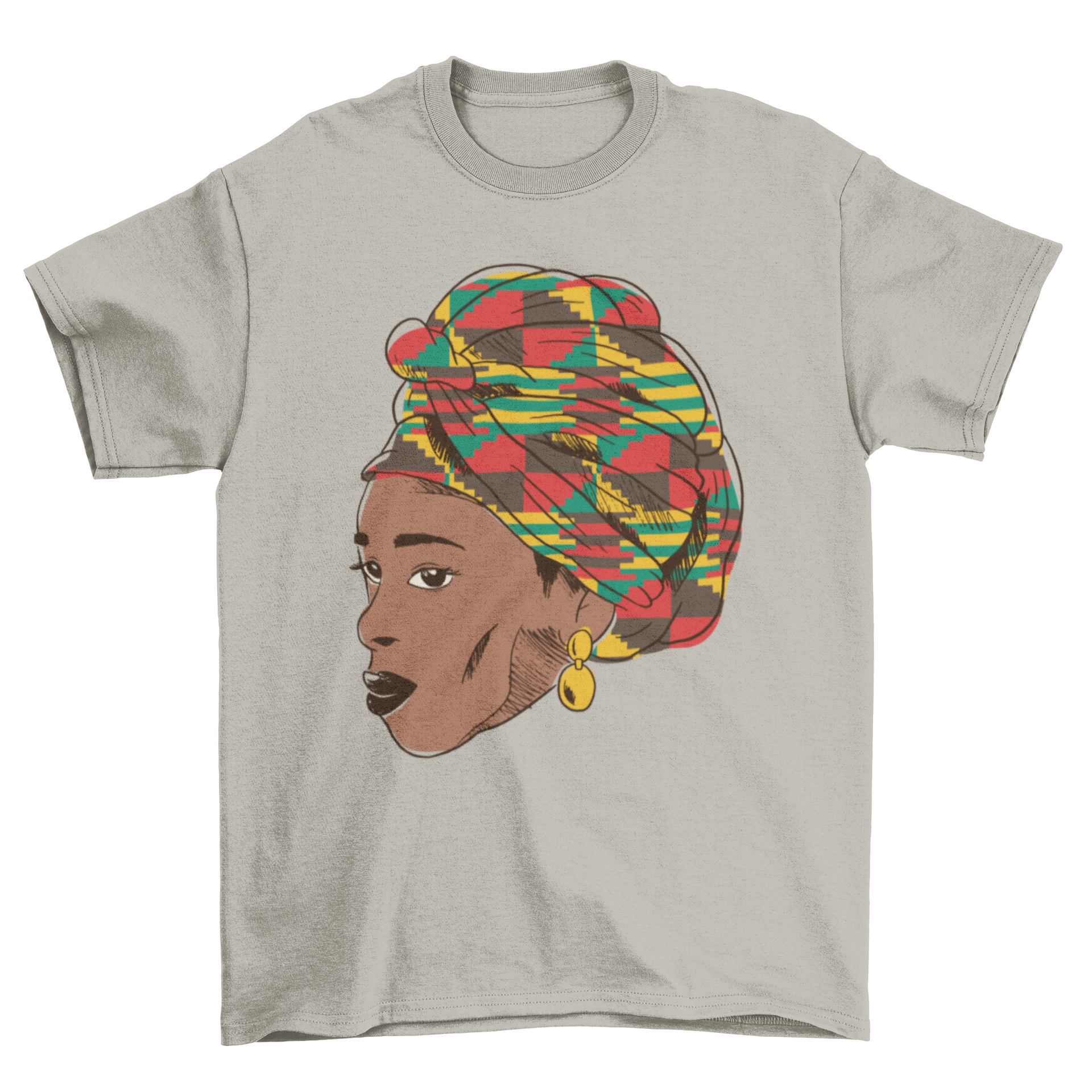 African Woman T-shirt featuring a colorful illustration of a black woman with a vibrant head tie.