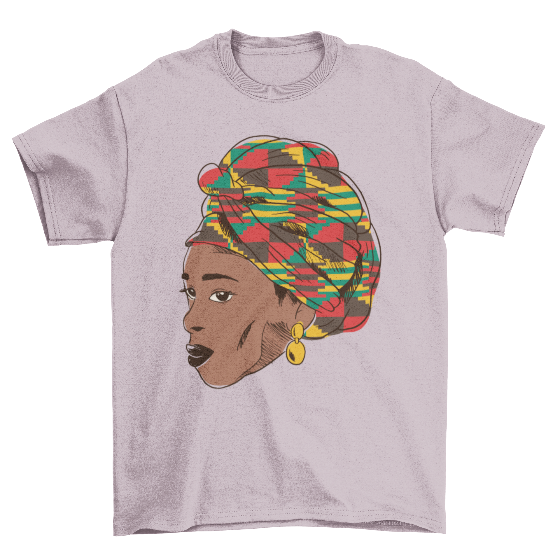 African Woman T-shirt featuring a colorful illustration of a black woman with a vibrant head tie.