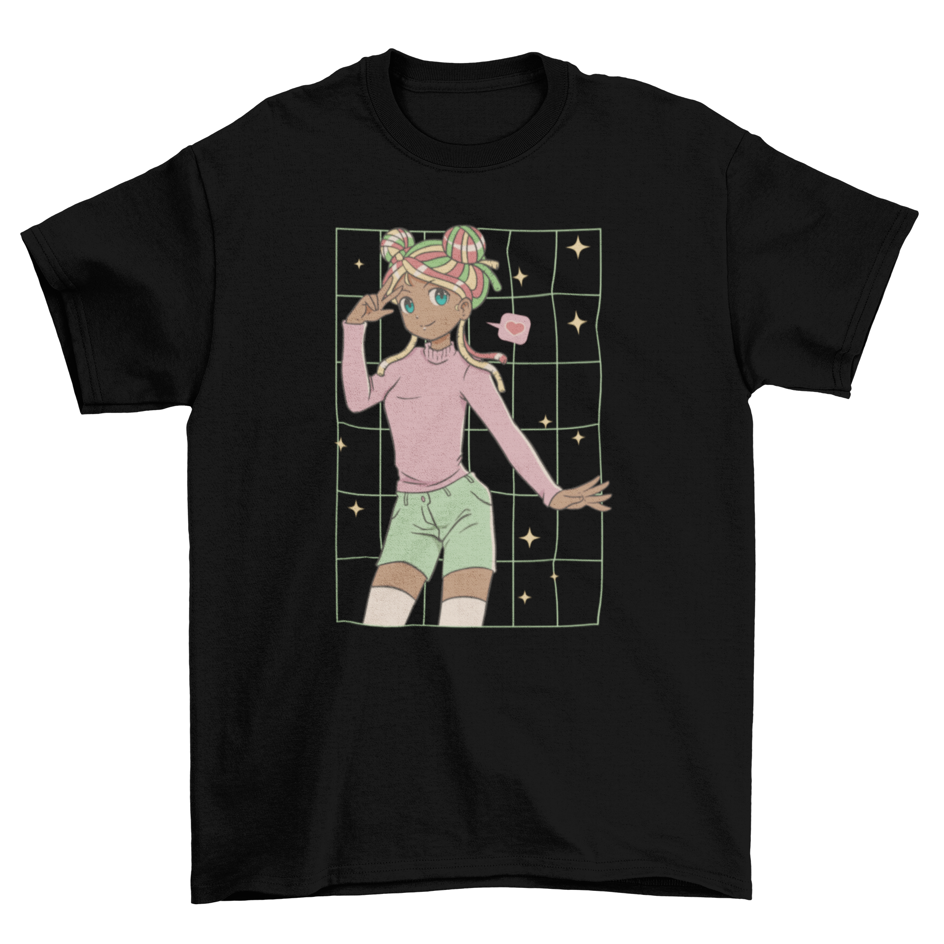 Afro girl anime t-shirt featuring a colorful design with an afro hairstyle and pastel clothing.