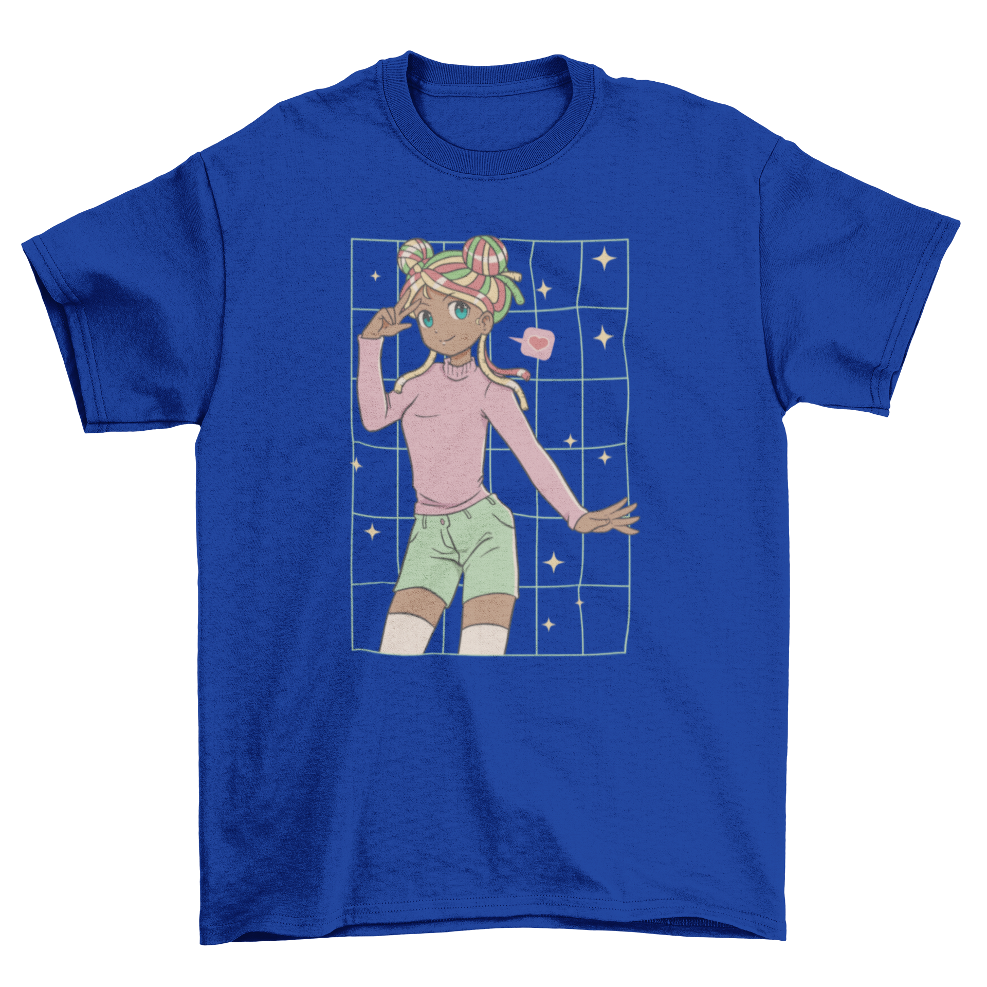 Afro girl anime t-shirt featuring a colorful design with an afro hairstyle and pastel clothing.