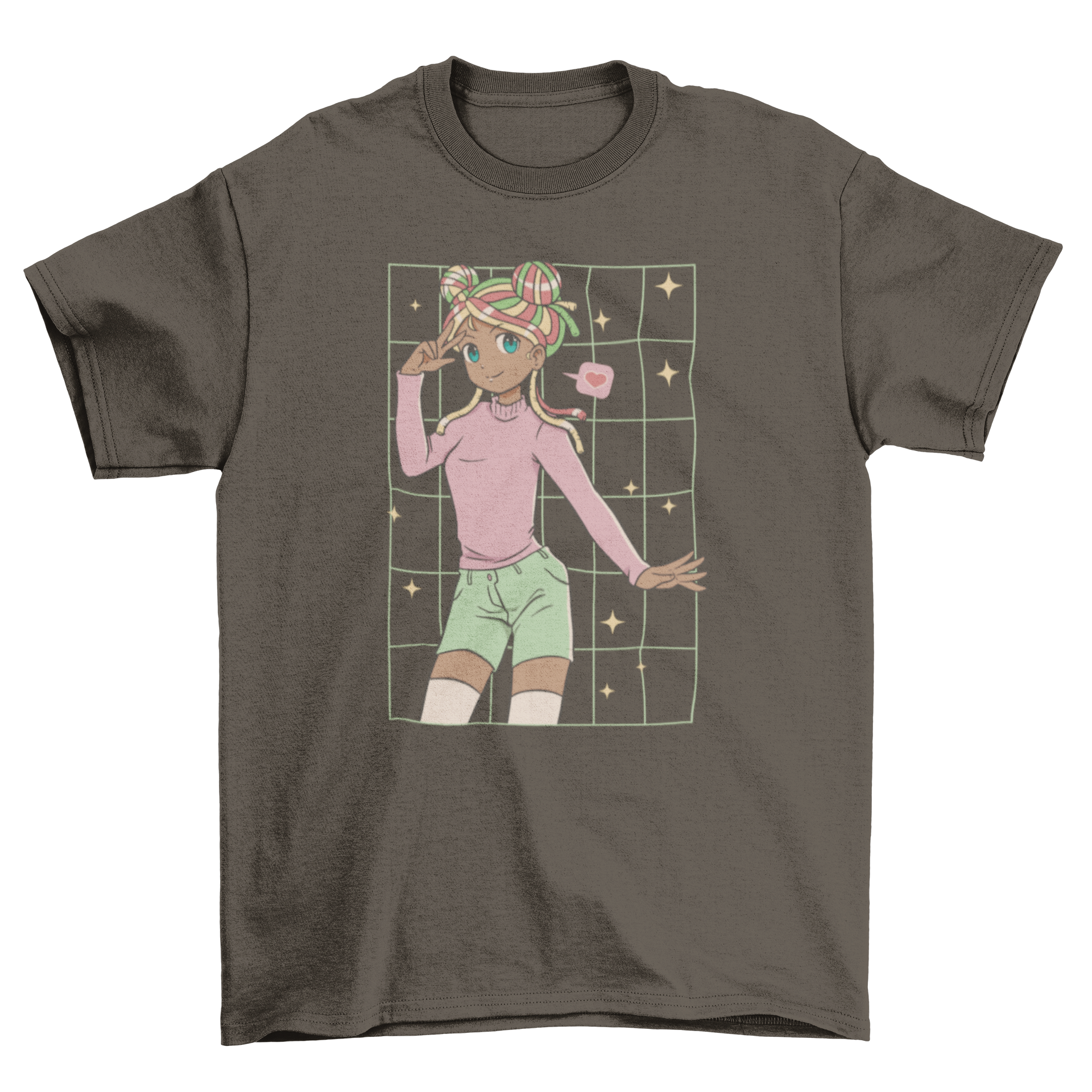 Afro girl anime t-shirt featuring a colorful design with an afro hairstyle and pastel clothing.