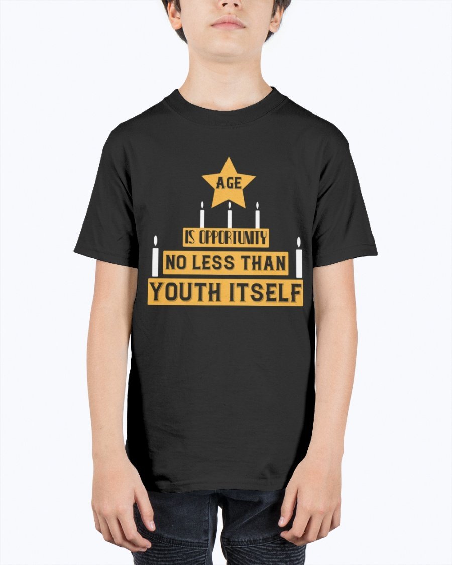 Youth Tee featuring the quote 'Age is opportunity no less than youth itself' in a stylish design, made from durable cotton blend.