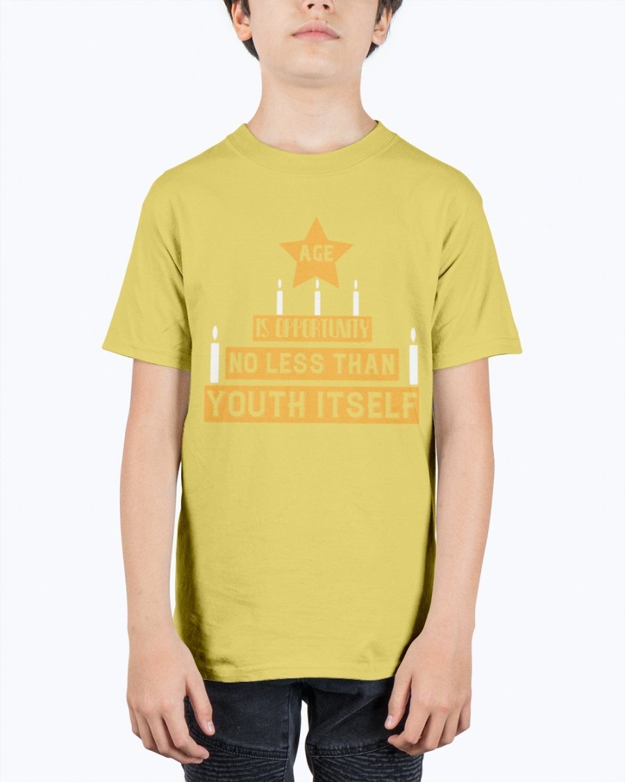 Youth Tee featuring the quote 'Age is opportunity no less than youth itself' in a stylish design, made from durable cotton blend.