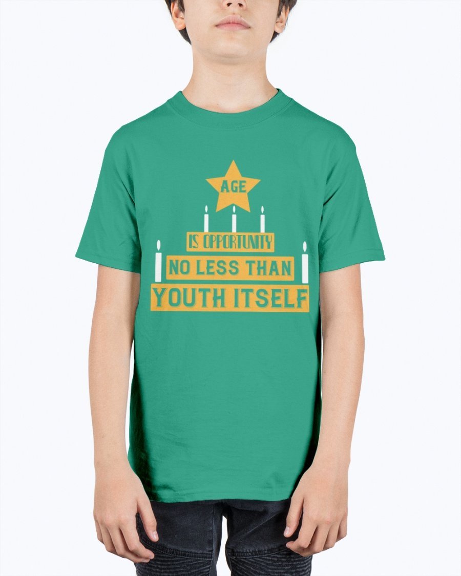 Youth Tee featuring the quote 'Age is opportunity no less than youth itself' in a stylish design, made from durable cotton blend.