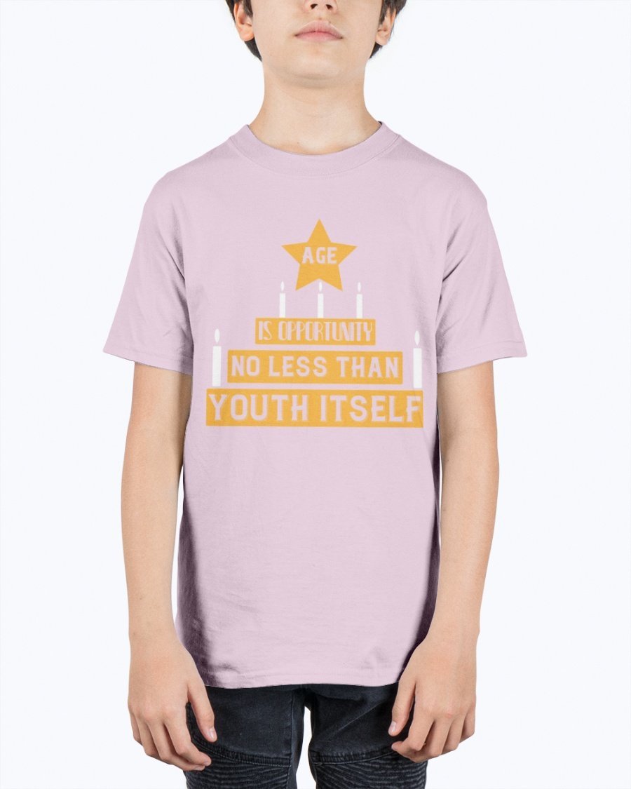 Youth Tee featuring the quote 'Age is opportunity no less than youth itself' in a stylish design, made from durable cotton blend.