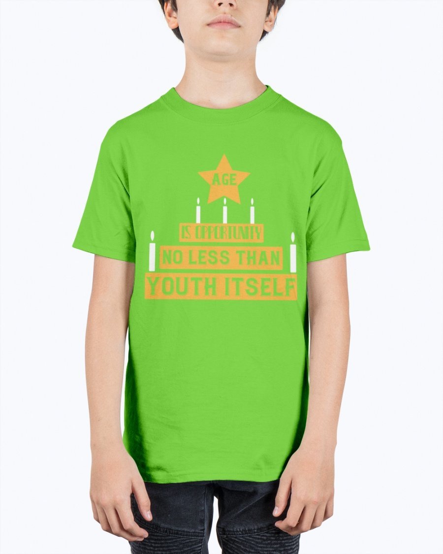 Youth Tee featuring the quote 'Age is opportunity no less than youth itself' in a stylish design, made from durable cotton blend.