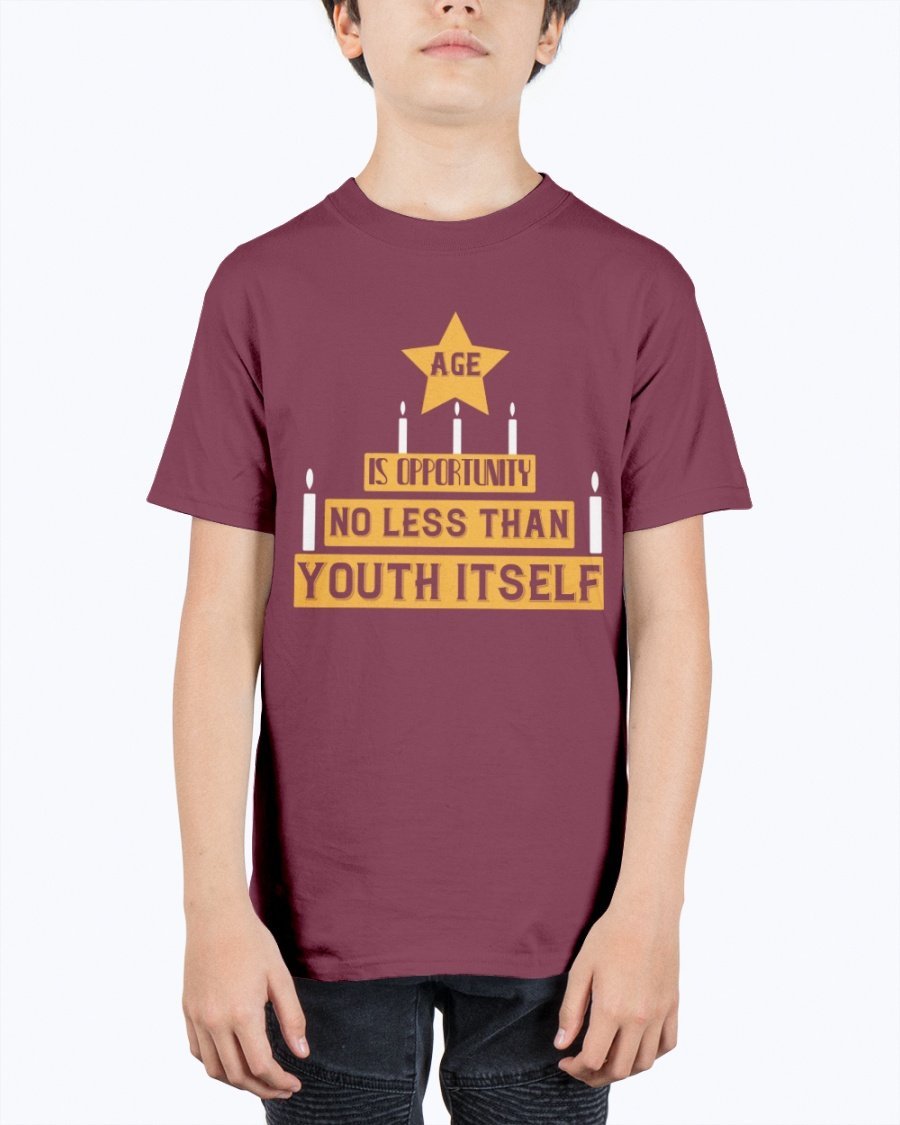 Youth Tee featuring the quote 'Age is opportunity no less than youth itself' in a stylish design, made from durable cotton blend.