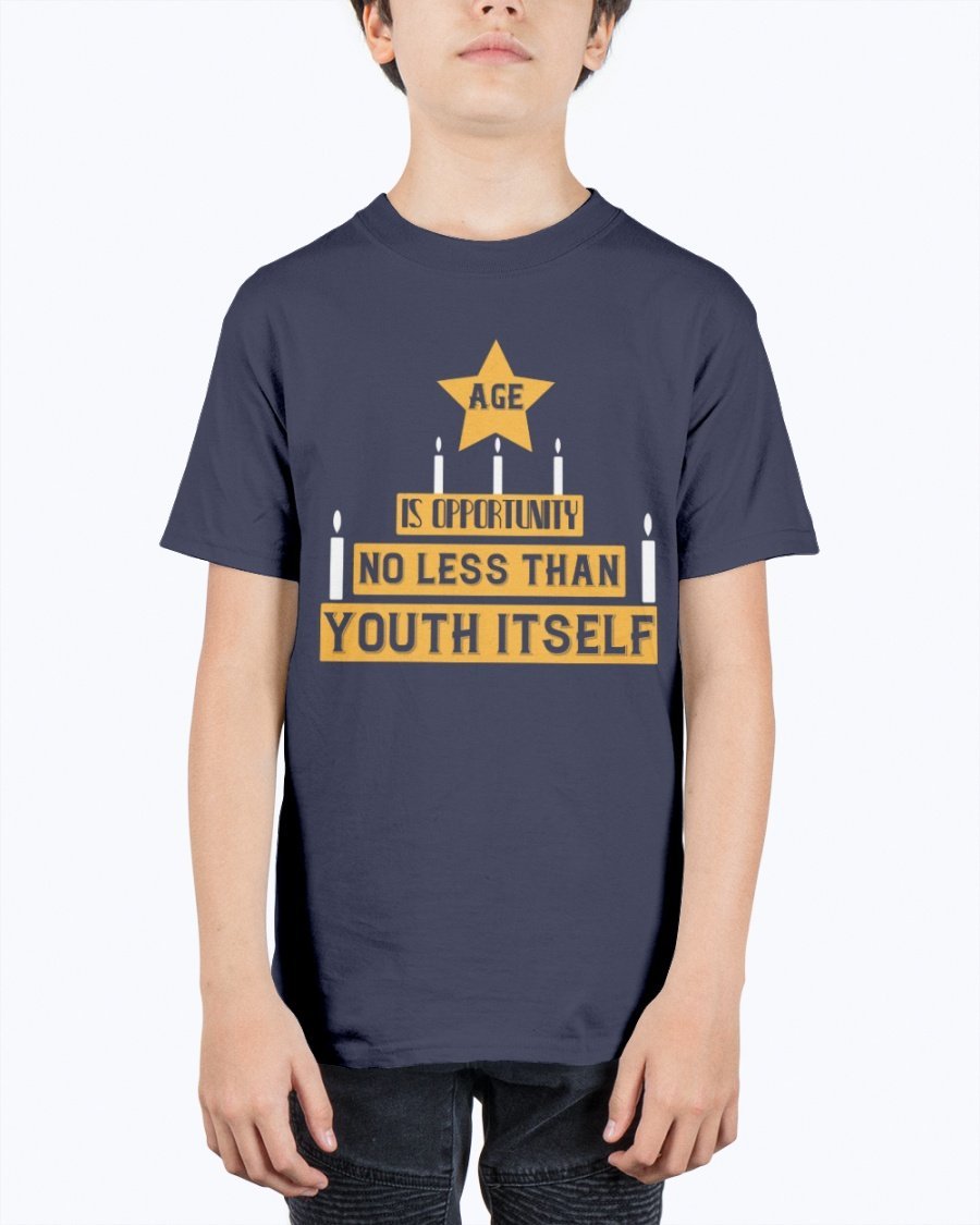 Youth Tee featuring the quote 'Age is opportunity no less than youth itself' in a stylish design, made from durable cotton blend.