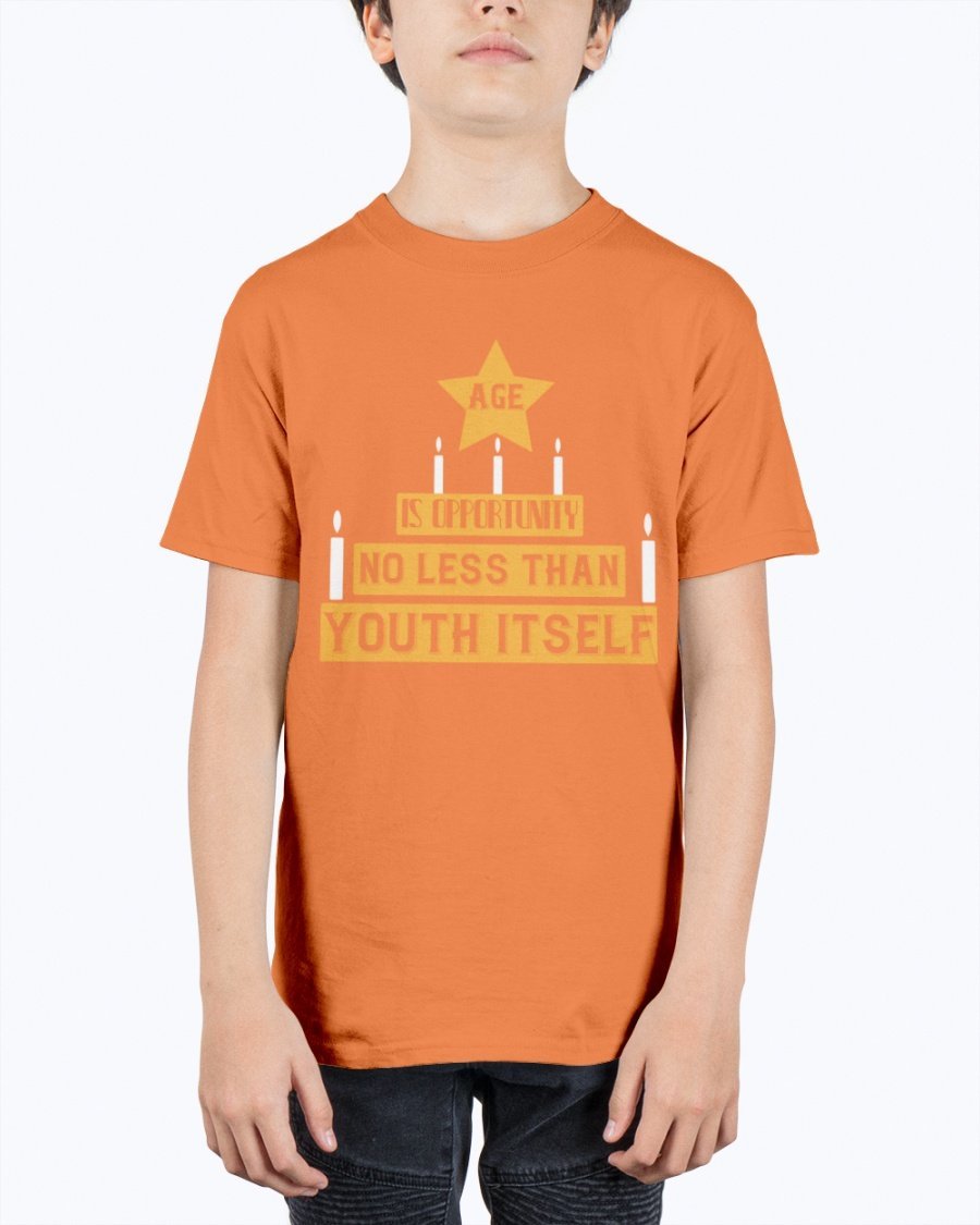 Youth Tee featuring the quote 'Age is opportunity no less than youth itself' in a stylish design, made from durable cotton blend.