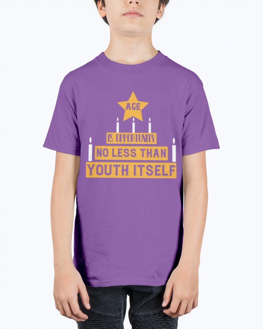 Youth Tee featuring the quote 'Age is opportunity no less than youth itself' in a stylish design, made from durable cotton blend.