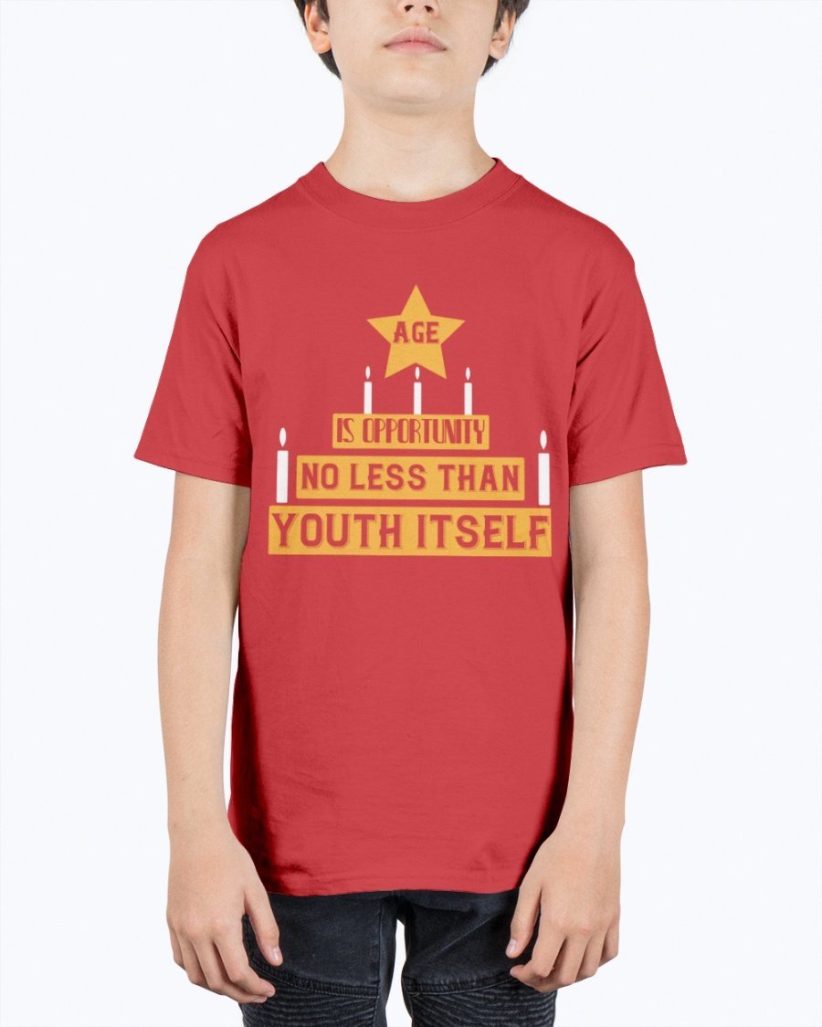 Youth Tee featuring the quote 'Age is opportunity no less than youth itself' in a stylish design, made from durable cotton blend.