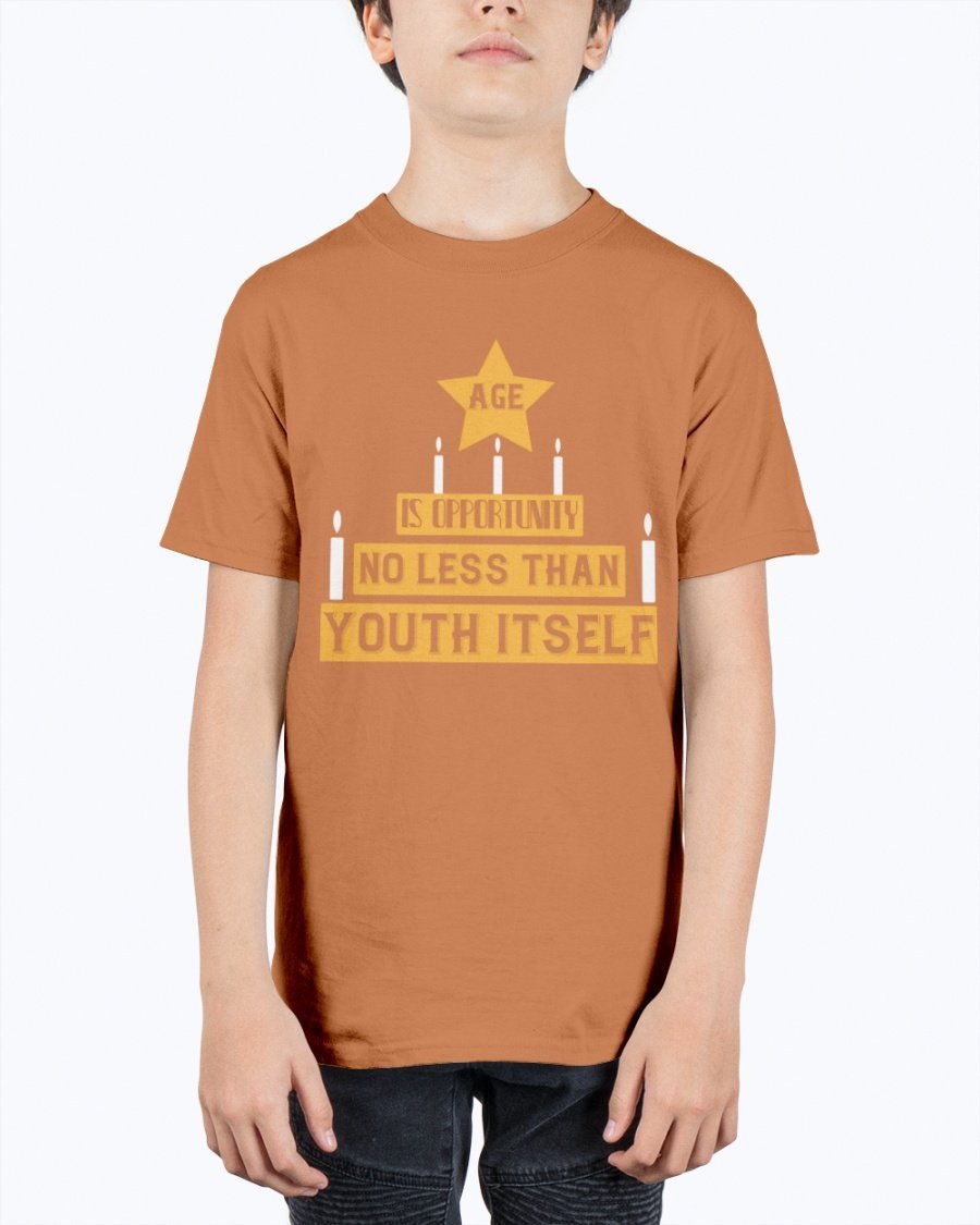 Youth Tee featuring the quote 'Age is opportunity no less than youth itself' in a stylish design, made from durable cotton blend.