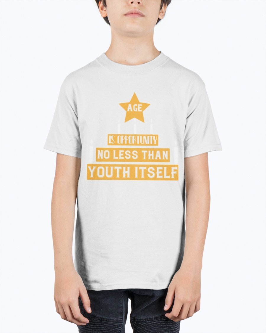 Youth Tee featuring the quote 'Age is opportunity no less than youth itself' in a stylish design, made from durable cotton blend.