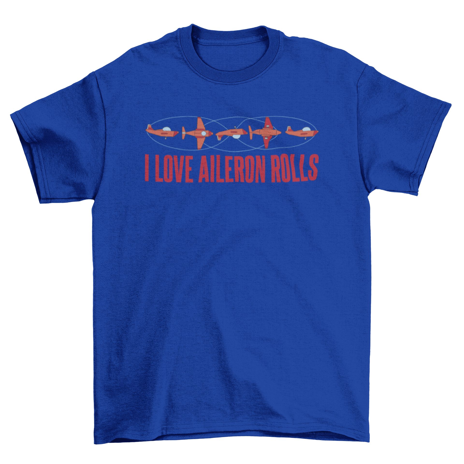 A stylish t-shirt featuring airplanes flying with the quote 'I love aileron rolls', perfect for aviation enthusiasts.