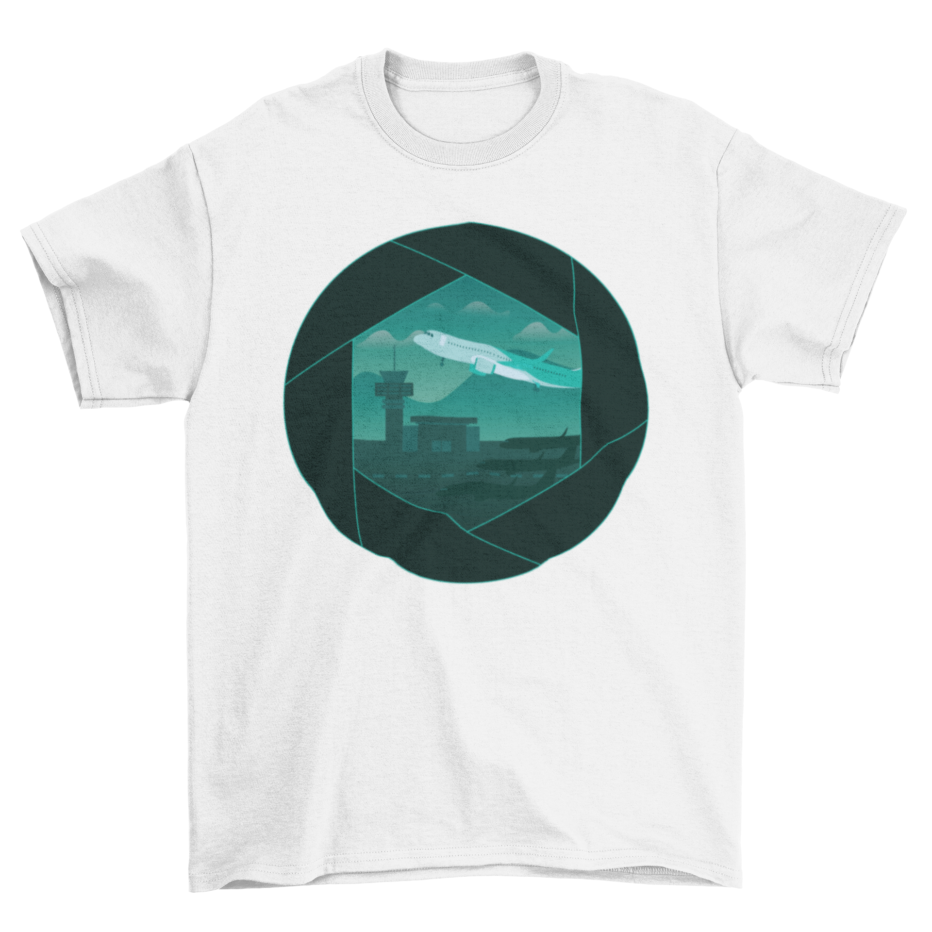 Airport Shutter T-shirt featuring an airplane taking off design through a shutter.