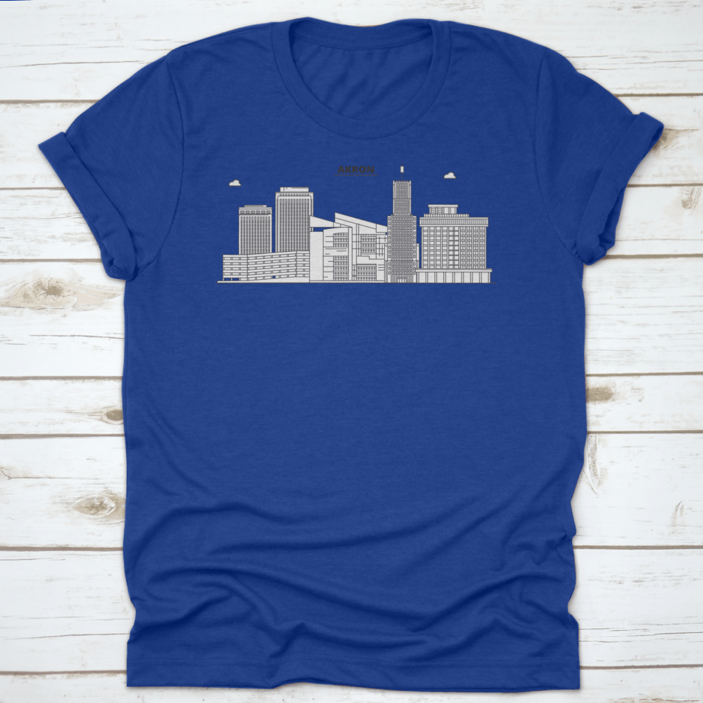 Akron Line City Skyline Design T-Shirt showcasing a stylish skyline illustration, made from 100% cotton for comfort.